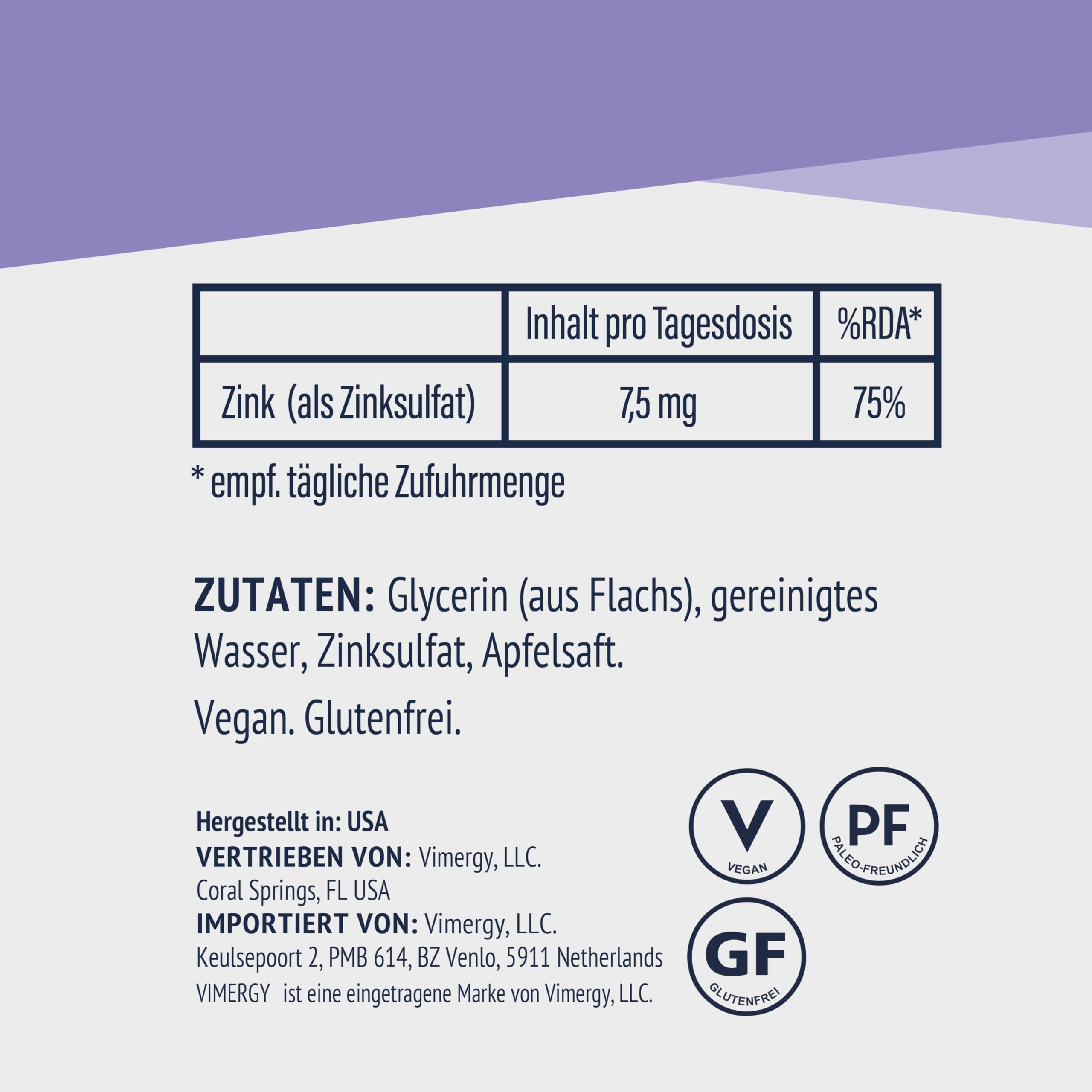 Vimergy Zink Tropfen 115 ml – 57 Portionen– Flüssiges Zink Hochdosiert – Antioxidans – Kein Raffinierter Zucker – Glutenfrei ohne Gentechnik Koscher Vegan Keto/Paleo Ernährung Geeignet
