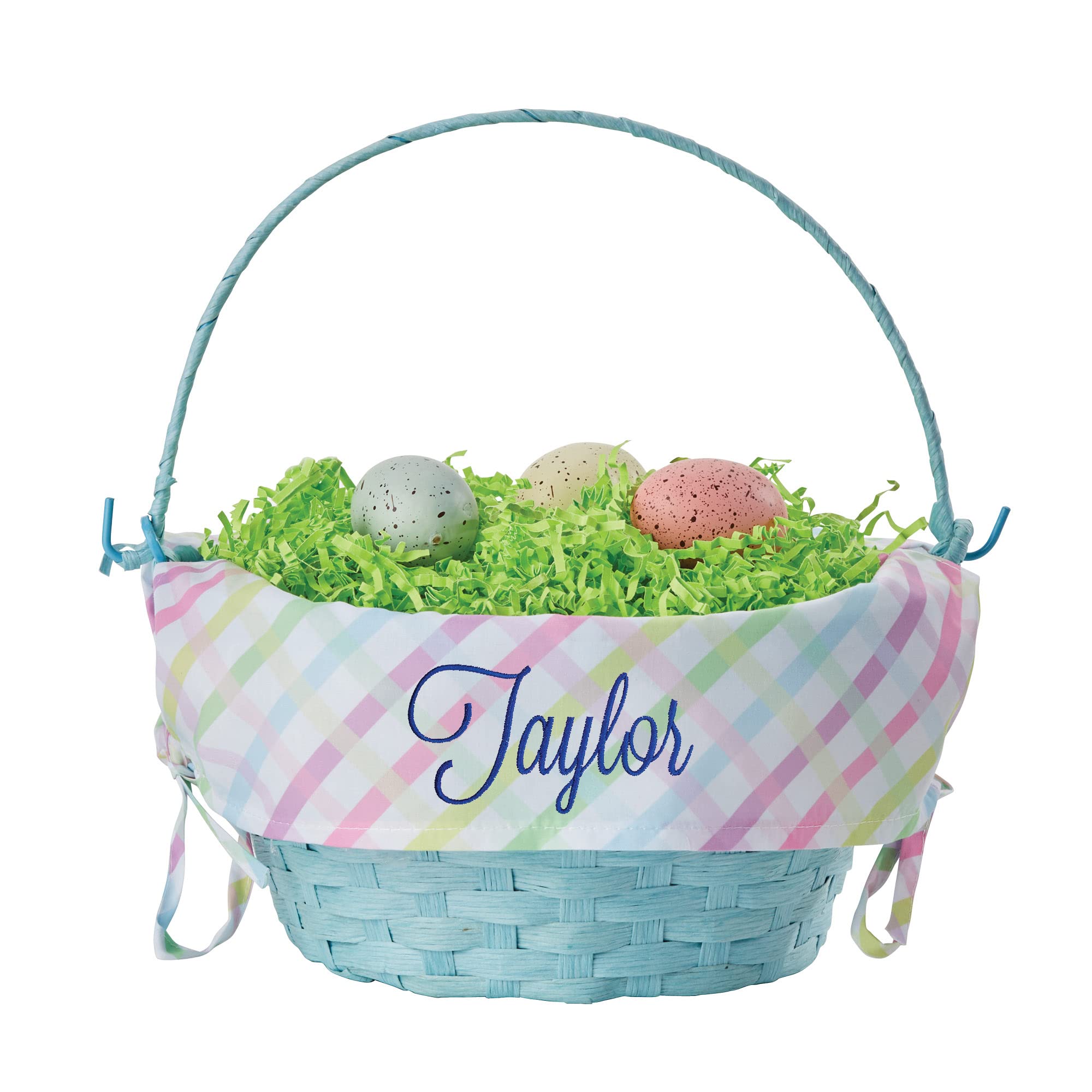 Personalized Easter Egg Basket with Handle and Custom Name in Navy Script | Multicolor Gingham Easter Basket Liners | Blue Basket | Woven Easter Baskets for Kids and Adults | Customized Easter Basket