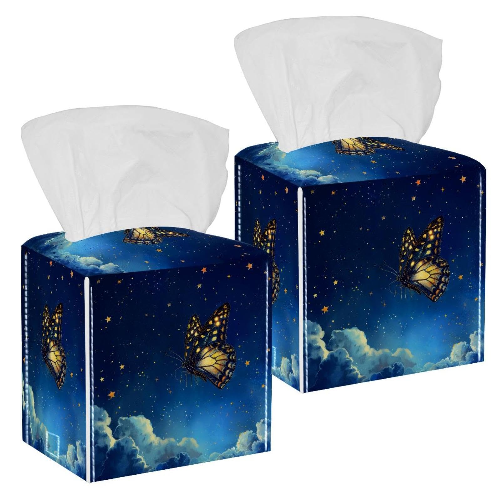Butterfly Sky Tissue Box Cover, 2 Pack PU Leather Square Facial Tissue Dispenser Box holder for Home Office Car