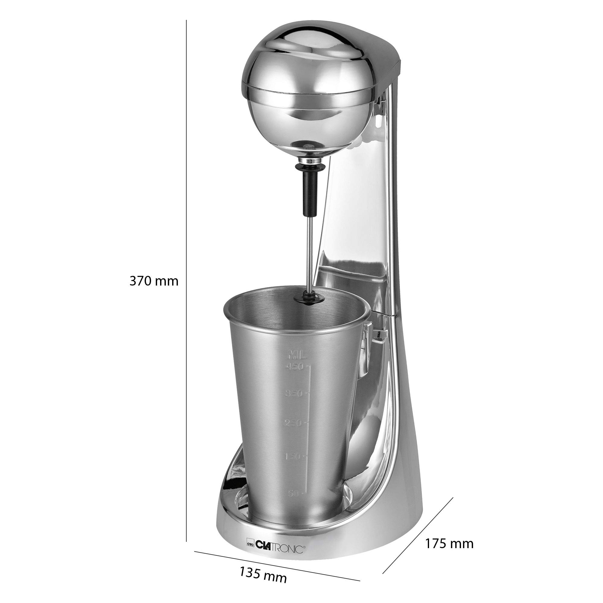 Clatronic® Bar-mixer et mousseur à lait en un seul appareil, Smoothie Maker avec récipient en acier inoxydable de 650 ml et porte-gobelet pratique, mixeur à 2 vitesses et 65 W puissants,design chromé