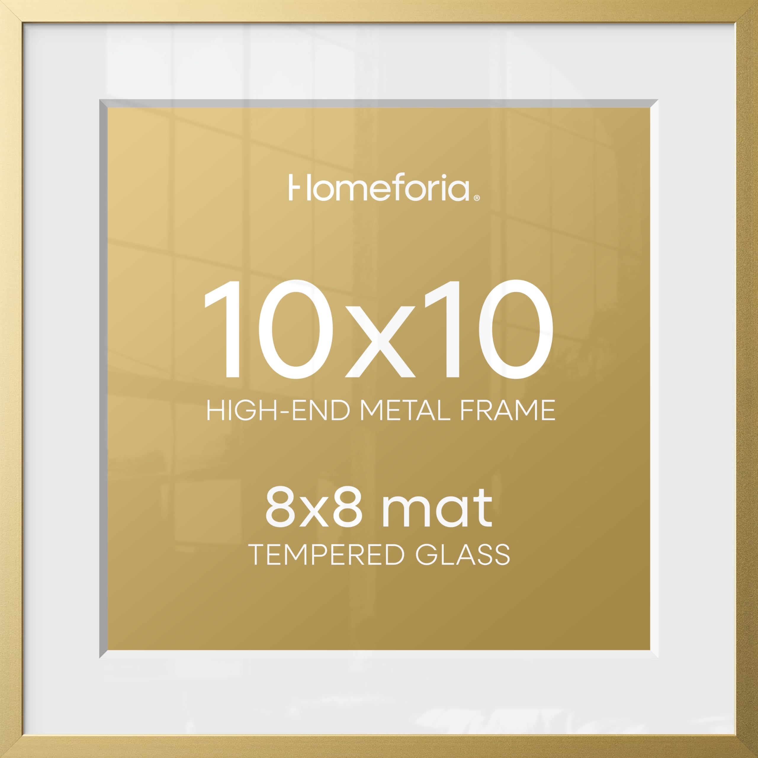 Homeforia 10x10 Gold Picture Frame, High-End Metal, 8x8 Mat, Glass | High End Aluminum, Tempered Glass, Acid-Free 8x8 Removable Mat, 10x10 in Edge-to-Edge Display 10x10, Wall Kit, Set Of 4