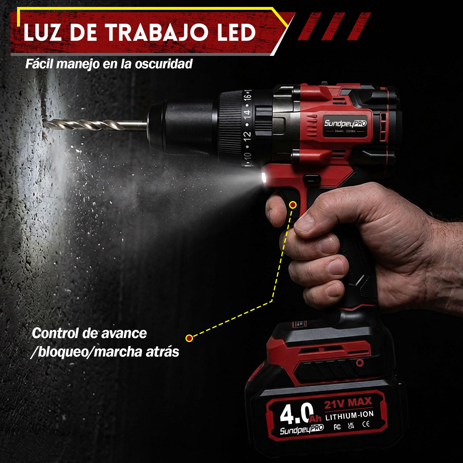 130Nm Taladro Percutor a Bateria - 21V Brushless Taladro Atornillador Batería 4,0Ah, 850W, 20+3 Ajustes de Par, Mandril Todo Metal de 13mm, 2 Velocidades, Luz LED Para Hogar, Bricolaje