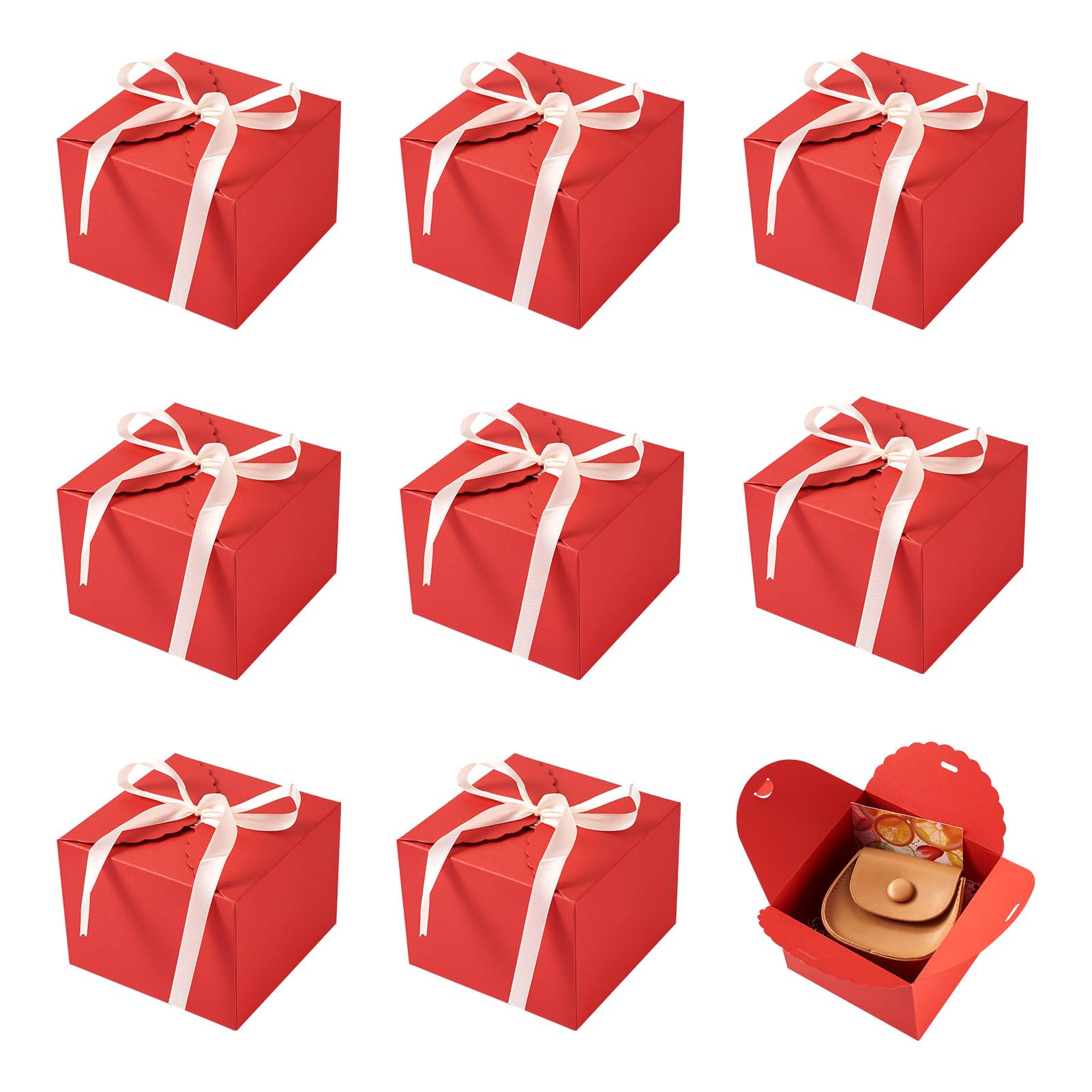 Cheriswelry 10pcs Square Paper Gift Boxes with Ribbons Little Gift Wrapping Boxes for Birthday Wedding Party Chocolate Candy Gift Boxes, Red, 12x12x9cm