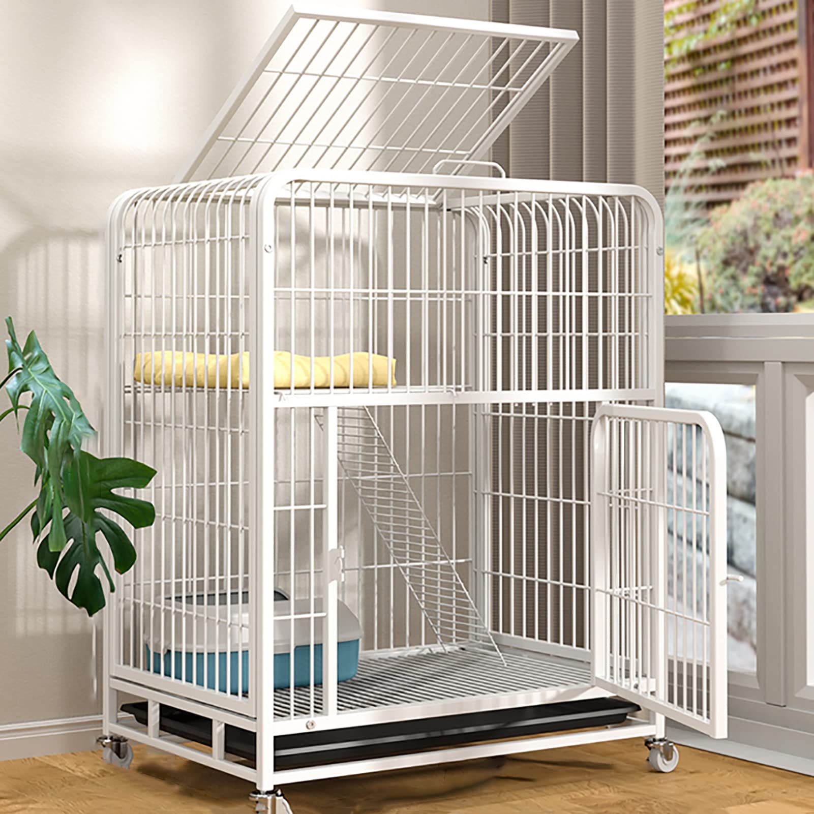 Cage pour chat en métal blanc 100cm enclos intérieur avec rampe et portes