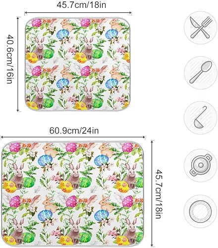 Miniatura 3 de Tapete de secado de platos de conejo para cocina, huevos de Pascua, flores de primavera, tapete de secado de microfibra, absorbente y reversible,