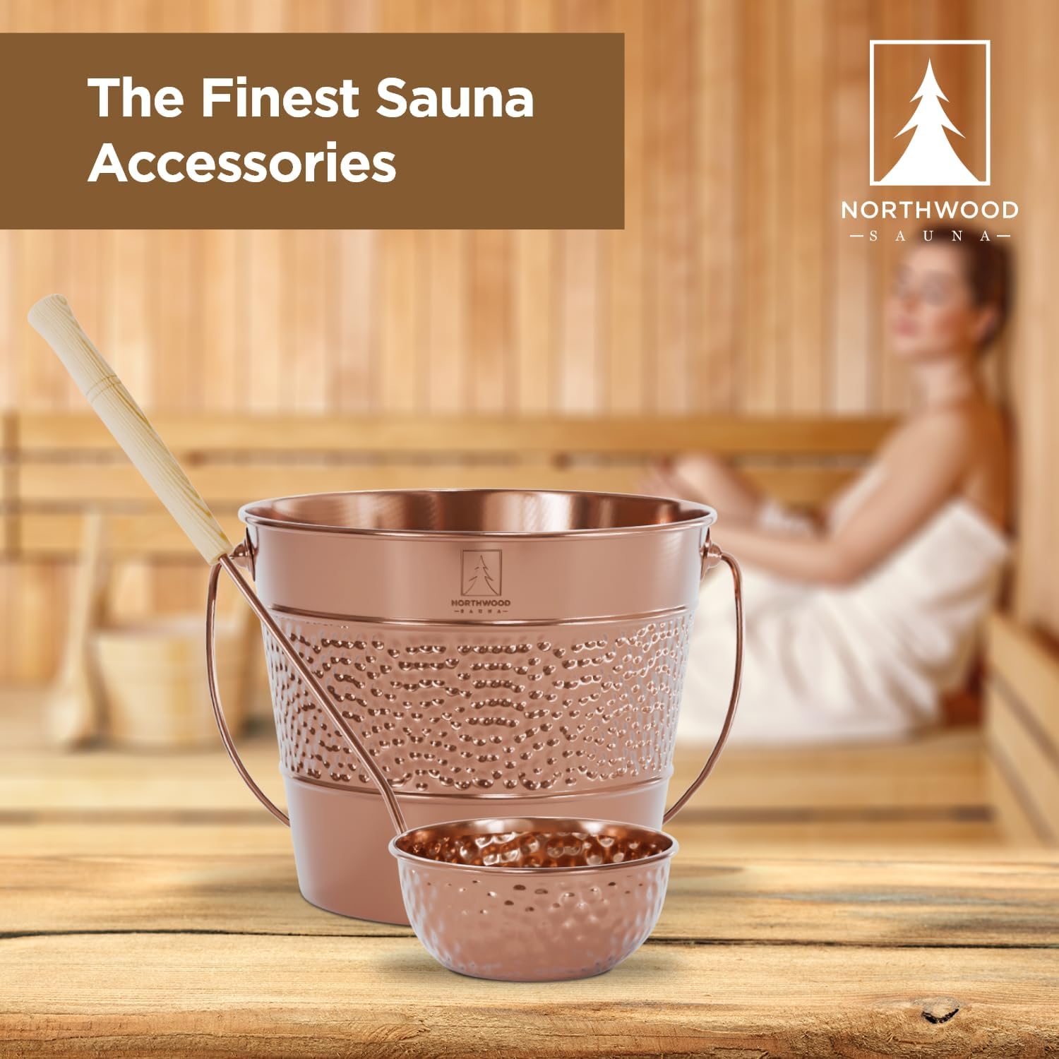 Sauna Bucket and Ladle Set - Handmade from 100% Pure Copper - Eucalyptus Wood Handles - 1 Gallon (4 Liters) Water Capacity