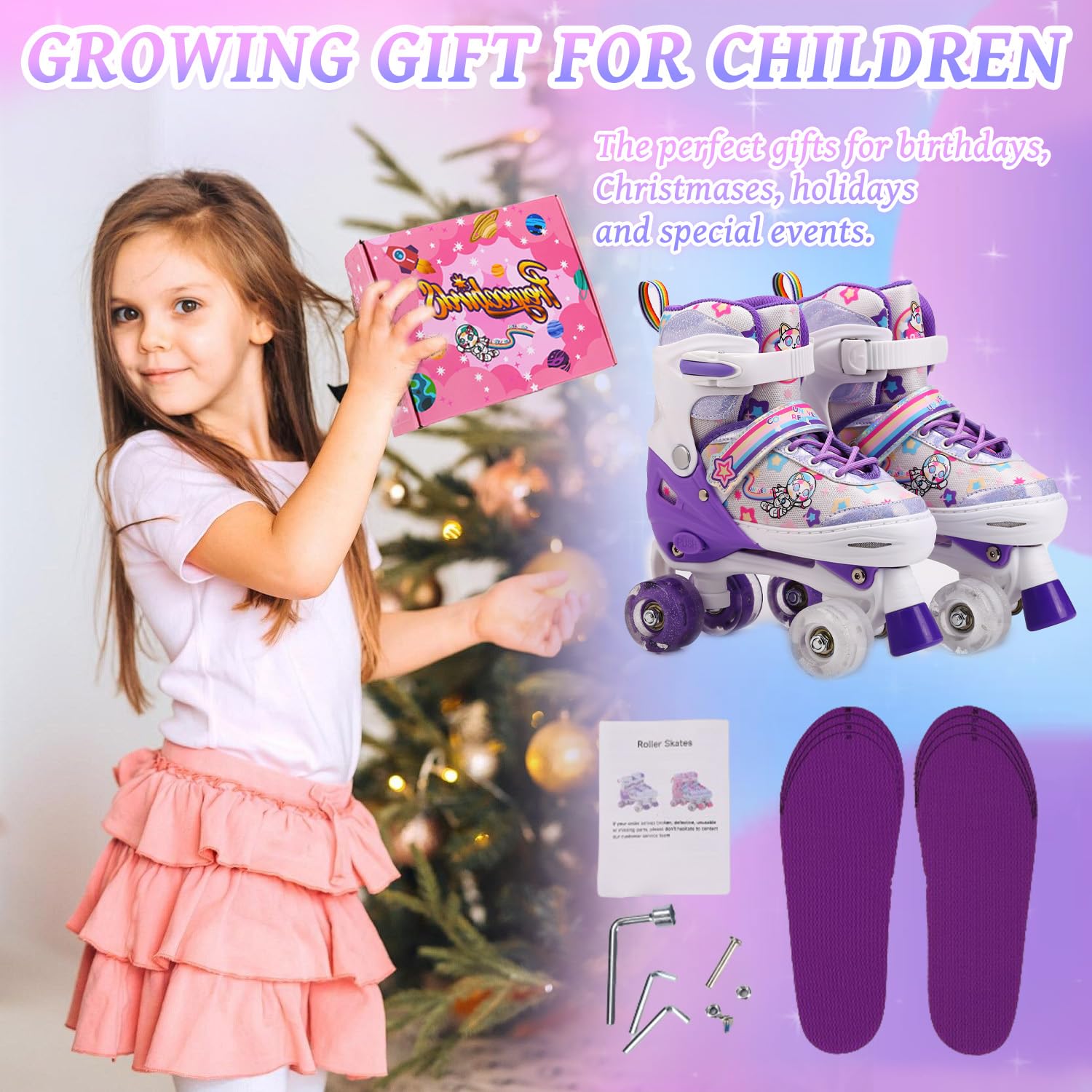 Rollschuhe Kinder, Rollschuhe für Mädchen und Anfänger, 4 Größen Verstellbar Rollerskates mit Leuchtenden Rollen atmungsaktivem Obermaterial für Weihnachts und Geburtstags Geschenke