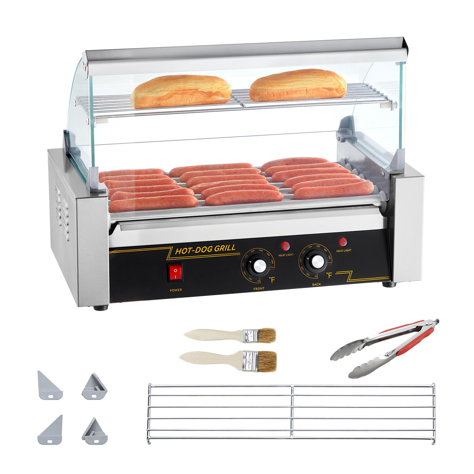 Happybuy Hot Dog Roller, 7 Rollers Capacity for 18 Hot Dogs, 1050W Stainless Steel Cooker with Dual Temp Control, Glass Hood, Bun Warmer Shelf, Removable Oil Drip Tray, ETL Certified