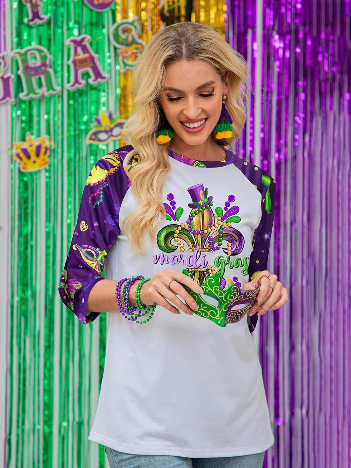 Women Mardi Shirt 3/4 Sleeve Fat Tuesday Tshirt New Orleans Party Mask Graphic Outfits - Image 3