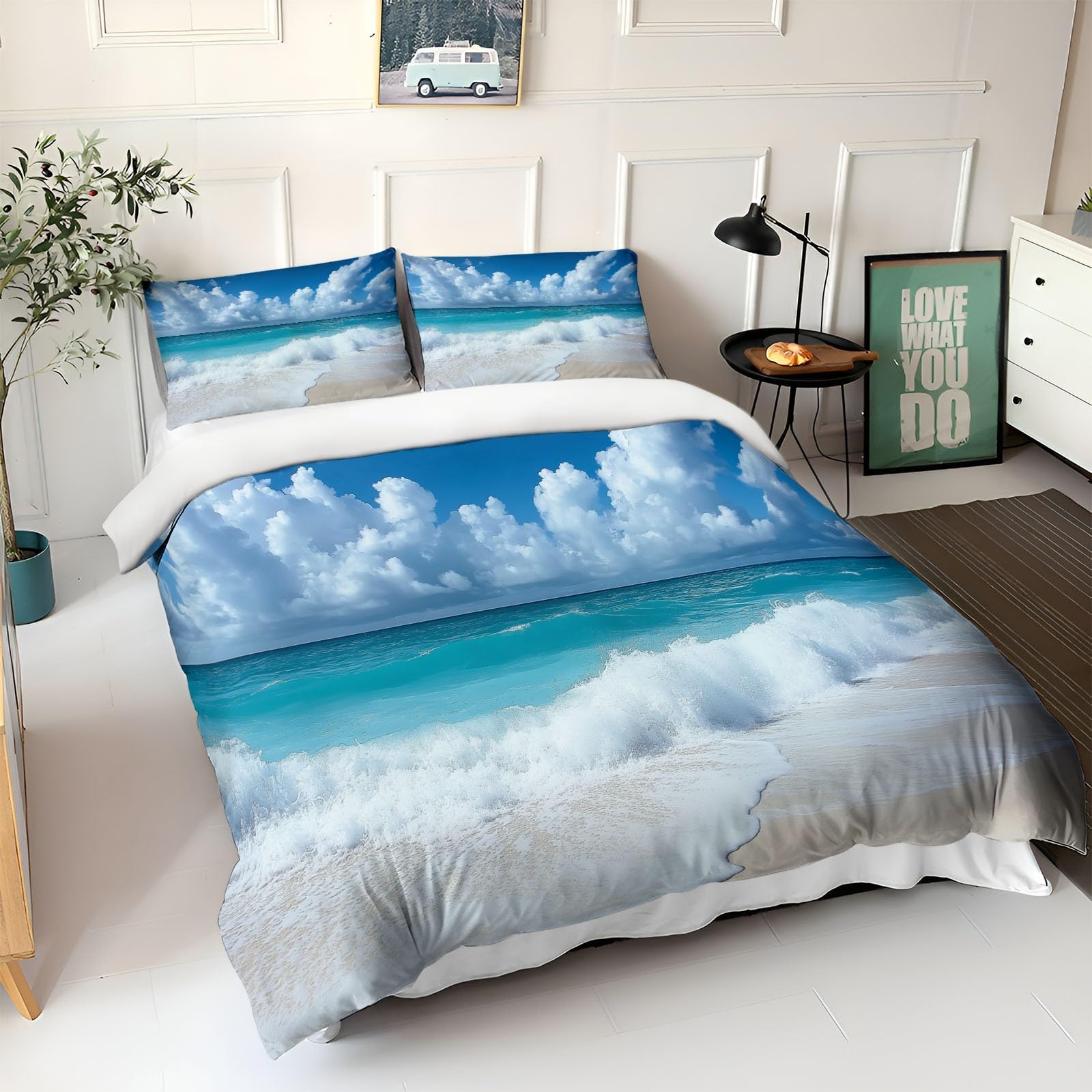 Funda Nordica Cama 90 de 3 Piezas Olas de la Playa del océano Juego de Funda Nordica 150x200 cm Suave Transpirable y 2 x Fundas de Almohada de 50x75 para Ropa de Cama Infantil Niño Chico Niña