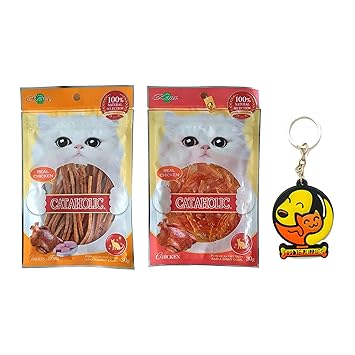 Foodie Puppies Neko Cataholic Treat for Cats and Kittens (Soft Chicken Jerky 50g + Tuna & Chicken Slice 50g) with Free Key Ring (Chicken)