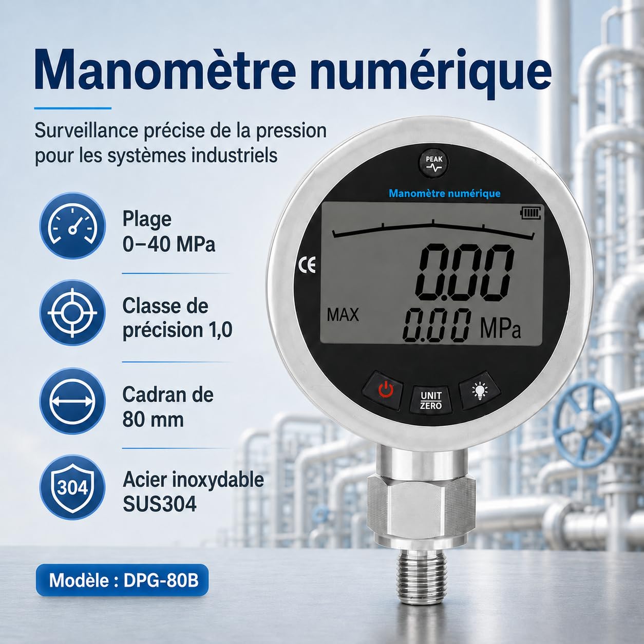 Manomètre Hydraulique Digital, Manomètre numérique hydraulique en acier inoxydable avec écran LCD éclairé pour eau, gaz, huile 400 bar, 0-40 MPa, 10000 PSI avec connecteur G1/4