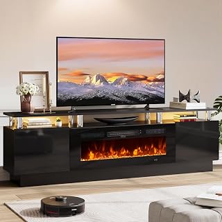 OneBlis 70 Inch TV Stand with 36" Electric Fireplace - Modern Black Entertainment Center Fits 80" TVs