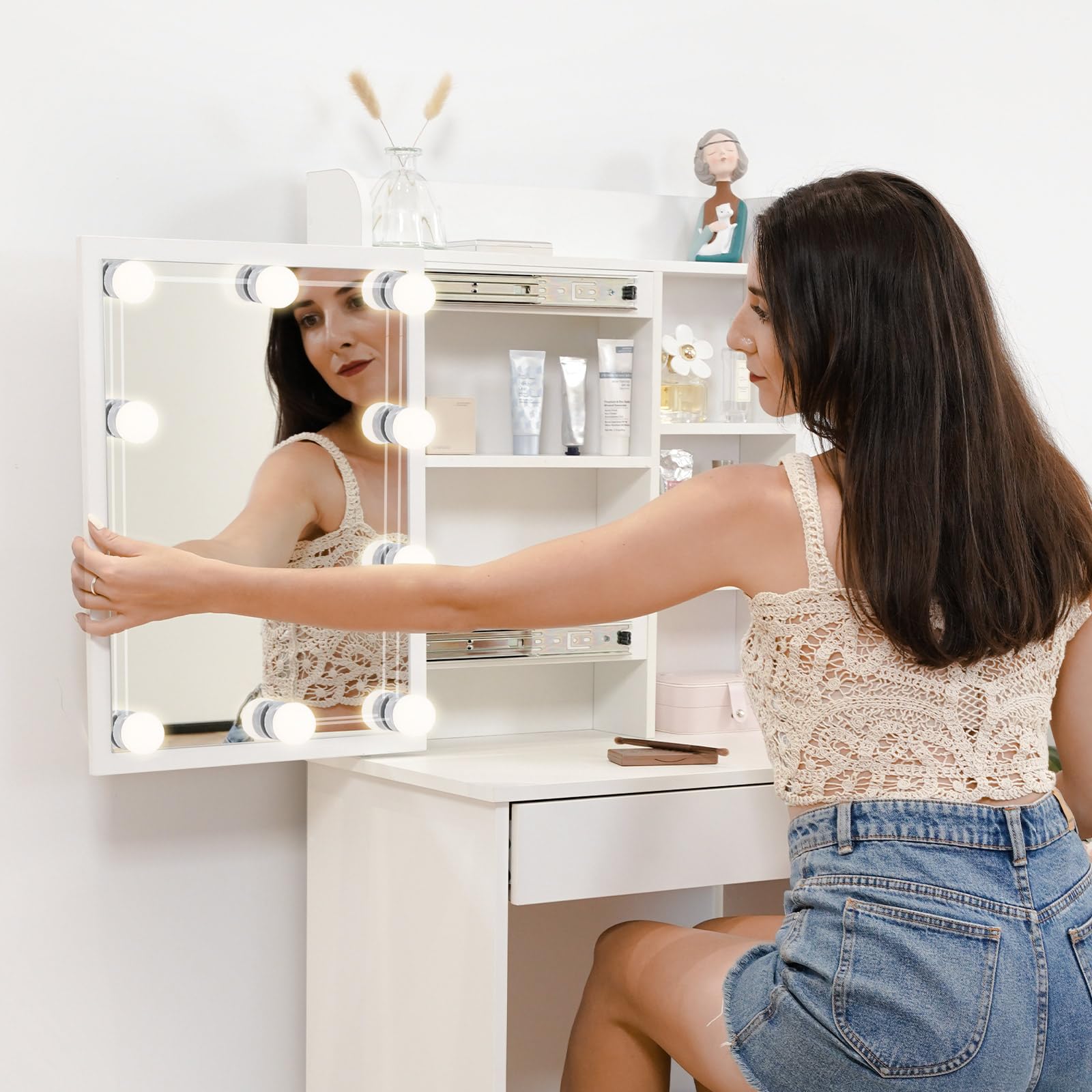 LEMROE Tocador Hollywood con Espejo LED y Taburete, Mesa de Maquillaje Blanca con 7 Estantes y 1 Cajón
