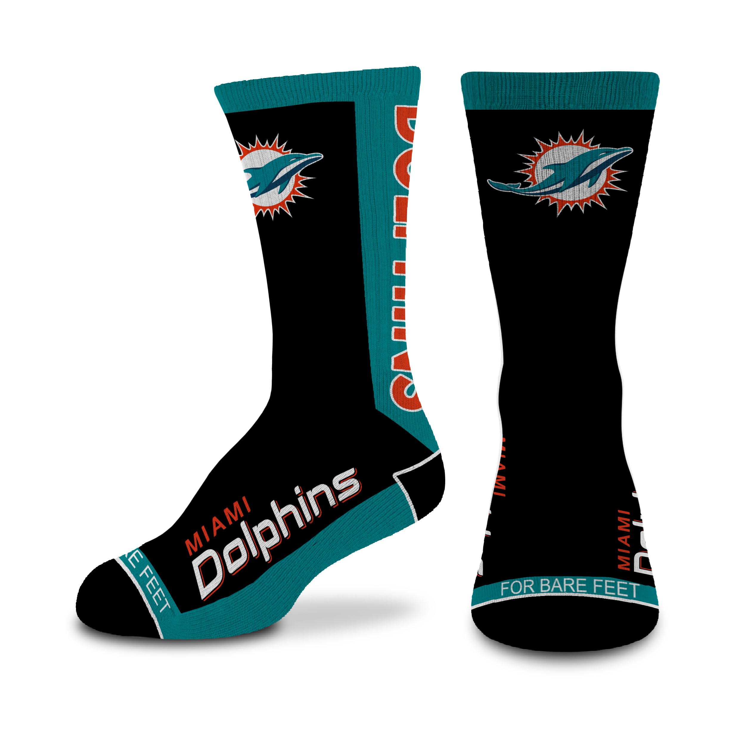 For Bare Feet - NFL MVP Classic Team Logo Youth Size Kids Crew Socks Approx. 4-8 years old, Miami Dolphins, One size