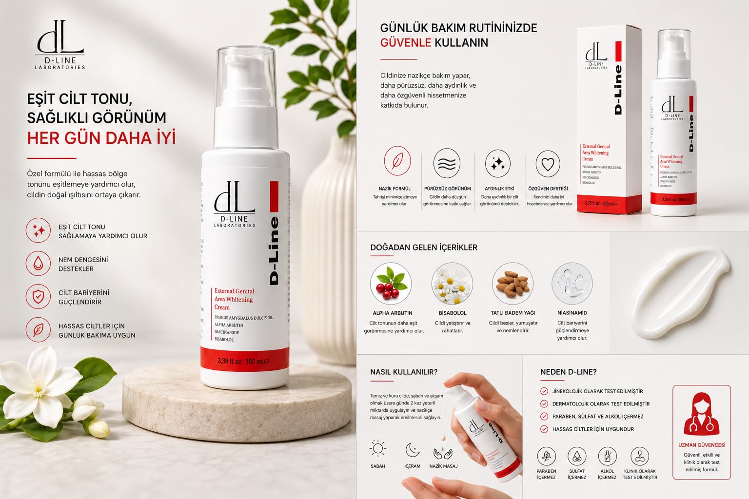 D Line Laboratories External Genital Area Whitening Cream, Genital Bölge Beyazlatıcı Krem, 100 ml, Hassas bölge beyazlatıcı krem, Hassas bölge günlük bakımı, genital kararma
