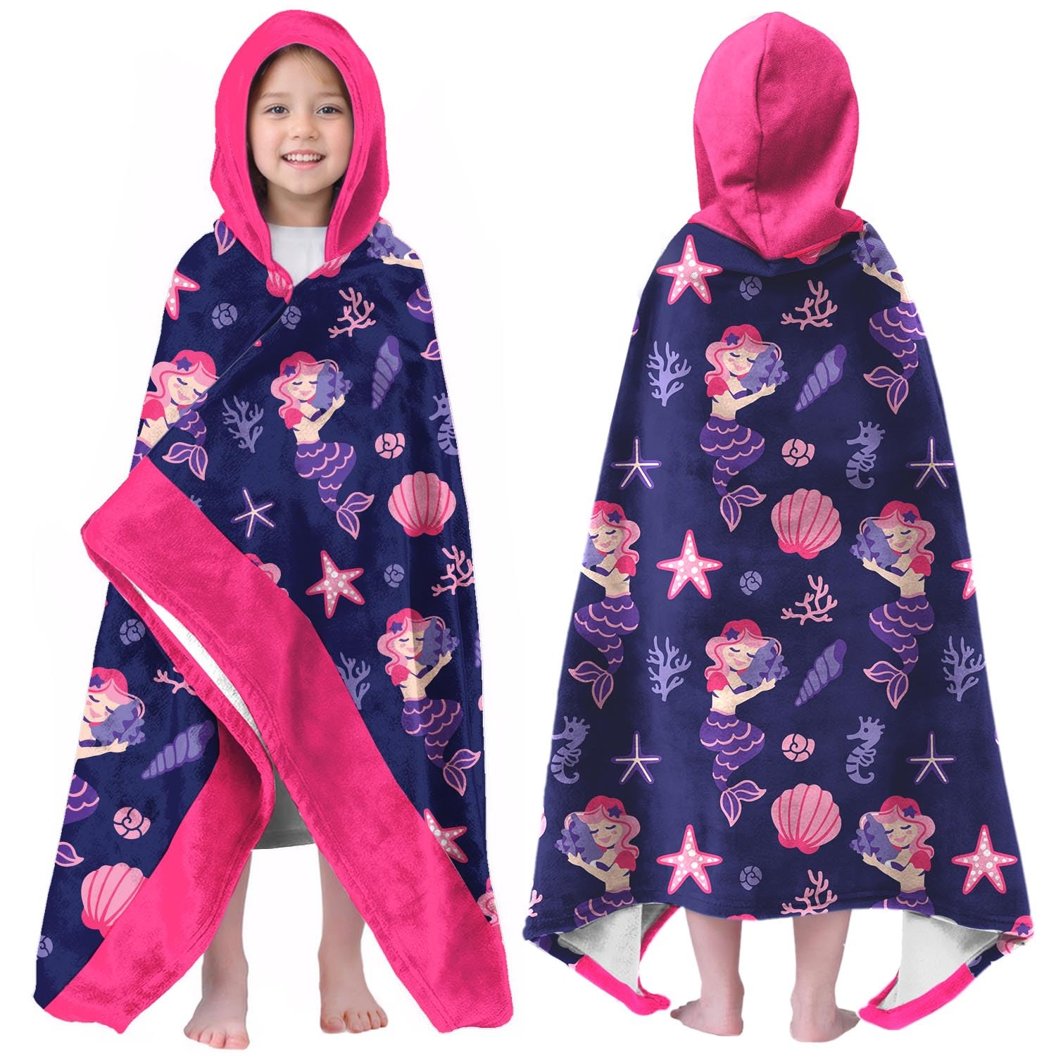 Mermaid Hooded Beach Towel for Girls, 35x60 in Quick Dry Swim Wrap, 05