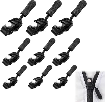 9 Pcs Universal Zipper Repairer Kit with 3 Sizes Zipper Puller Replacement Removable No Sewing Required Zip Fixer Detachable Pulls Zip Heads for Backpacks Luggage Suitcases Jeans CoatsBlack