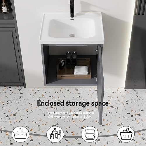 Miniatura 4 de Albriya Tocador de baño pequeño de 20 pulgadas montado en la pared, pequeño tocador de baño con fregadero de cerámica, tocador de baño moderno con