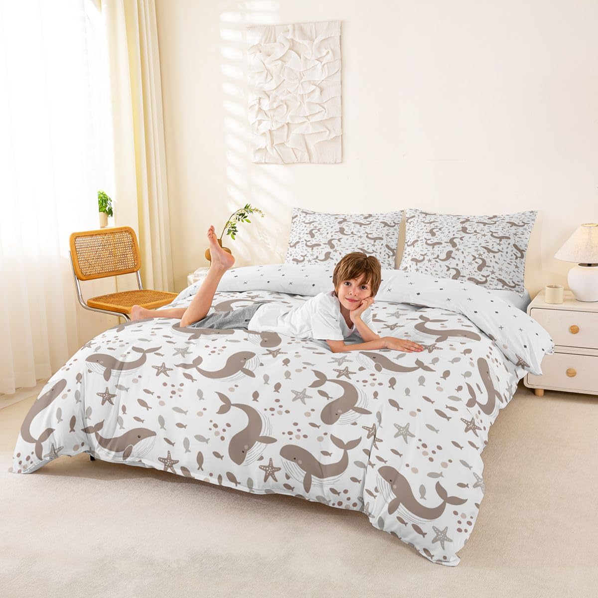 Homewish Summer Whale Cute Super King Set di biancheria da letto con animali del mondo sottomarino pesce copripiumino acquerello stella marina oceano trapunta arredamento camera Kawaii set da letto
