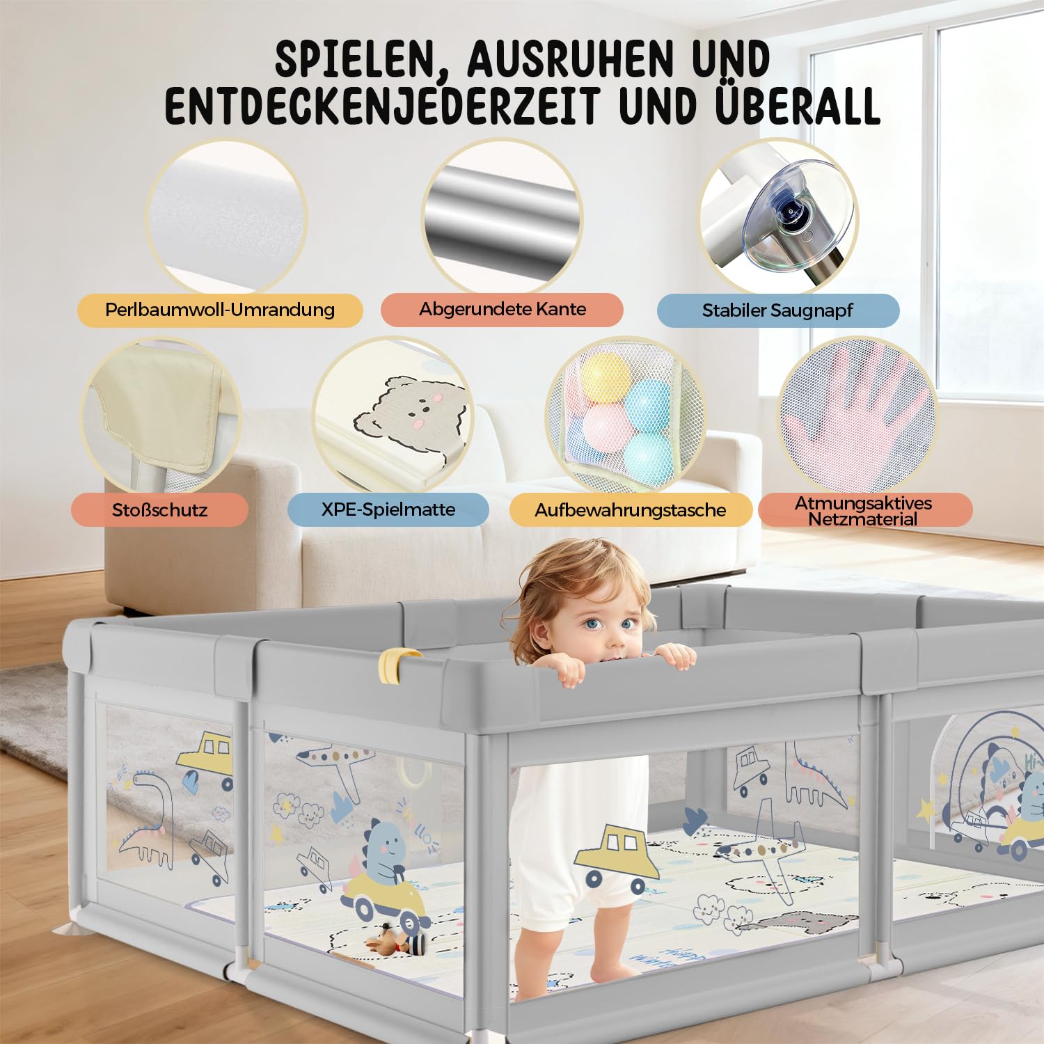 Laufstall Baby mit Matratze, 150x150 Kleines Laufgitter Baby mit 360° Atmungsaktivem Netz und Rutschfestem Bottom, Laufstall mit Faltbar Krabbelmatte, mit 60 Ozeanbälle