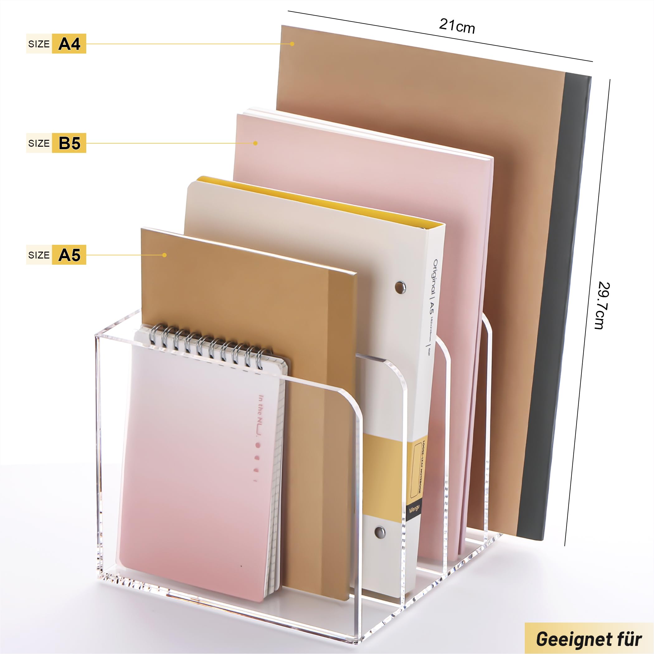 SANRUI Premium Zeitschriftenhalter Acryl (4 Fächer) - Glasklarer Zeitschriftensammler & Schreibtisch Buchstütze, Moderner Aktenordner Stehsammler für Büro, Home Office & Deko, 16x21x18.5 cm