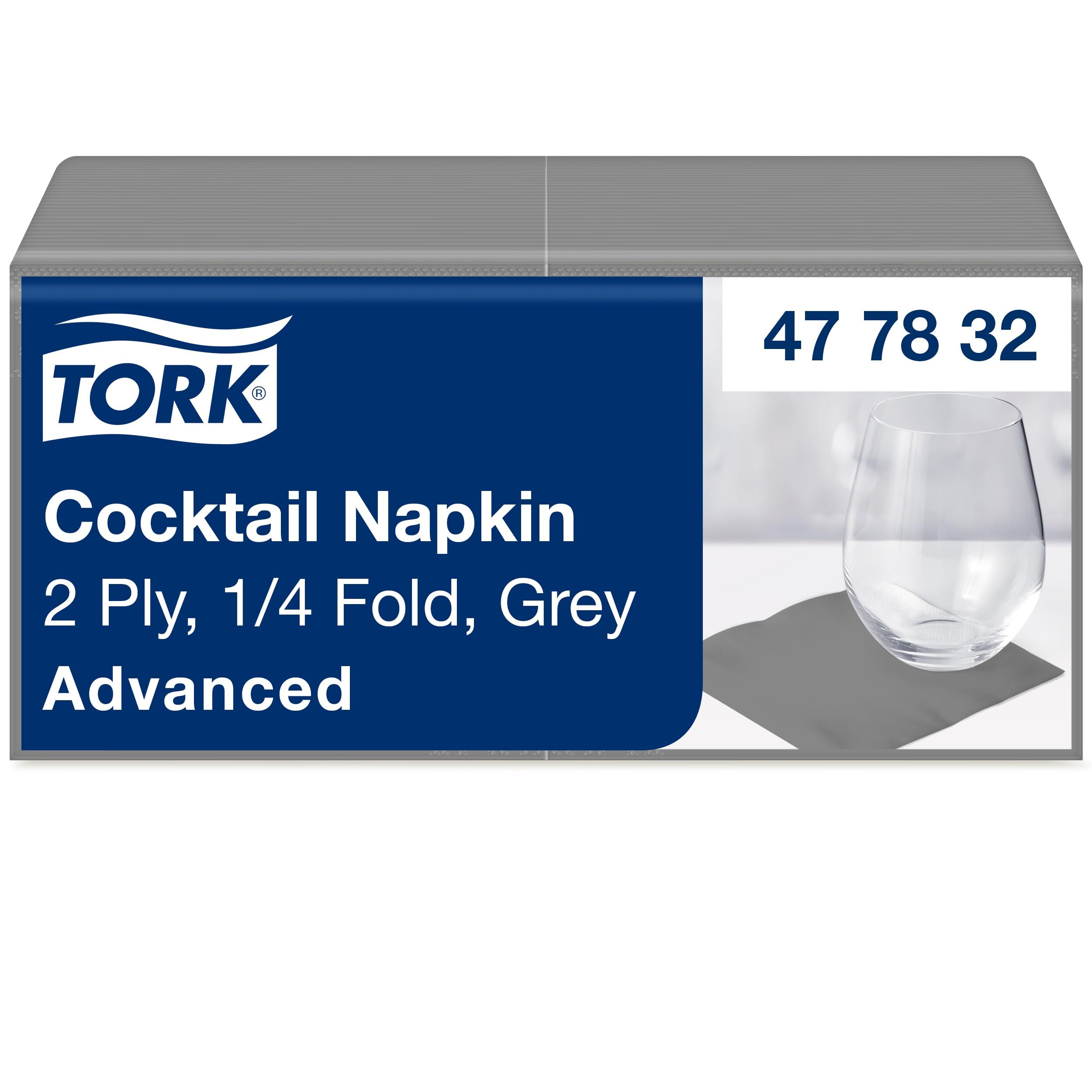 Tork Cocktailservietten Grau, 1/4 falten, 2 lagig, 200 Servietten, 11.9cm x 11.9cm 477832