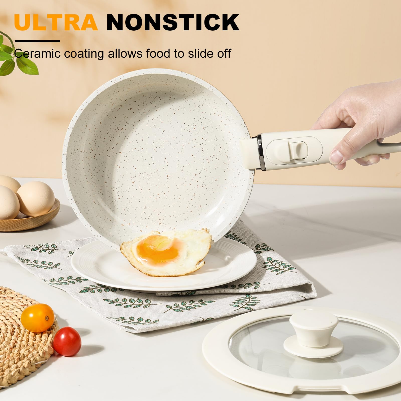 (INCOMPLETE) Pots and Pans Set Non Stick , Ceramic Cookware Set Detachable Handle Non Toxic Stackable Kithchen Set, Dishwasher Oven Safe Induction Compatiable Frying Pans Pots Skillets, White