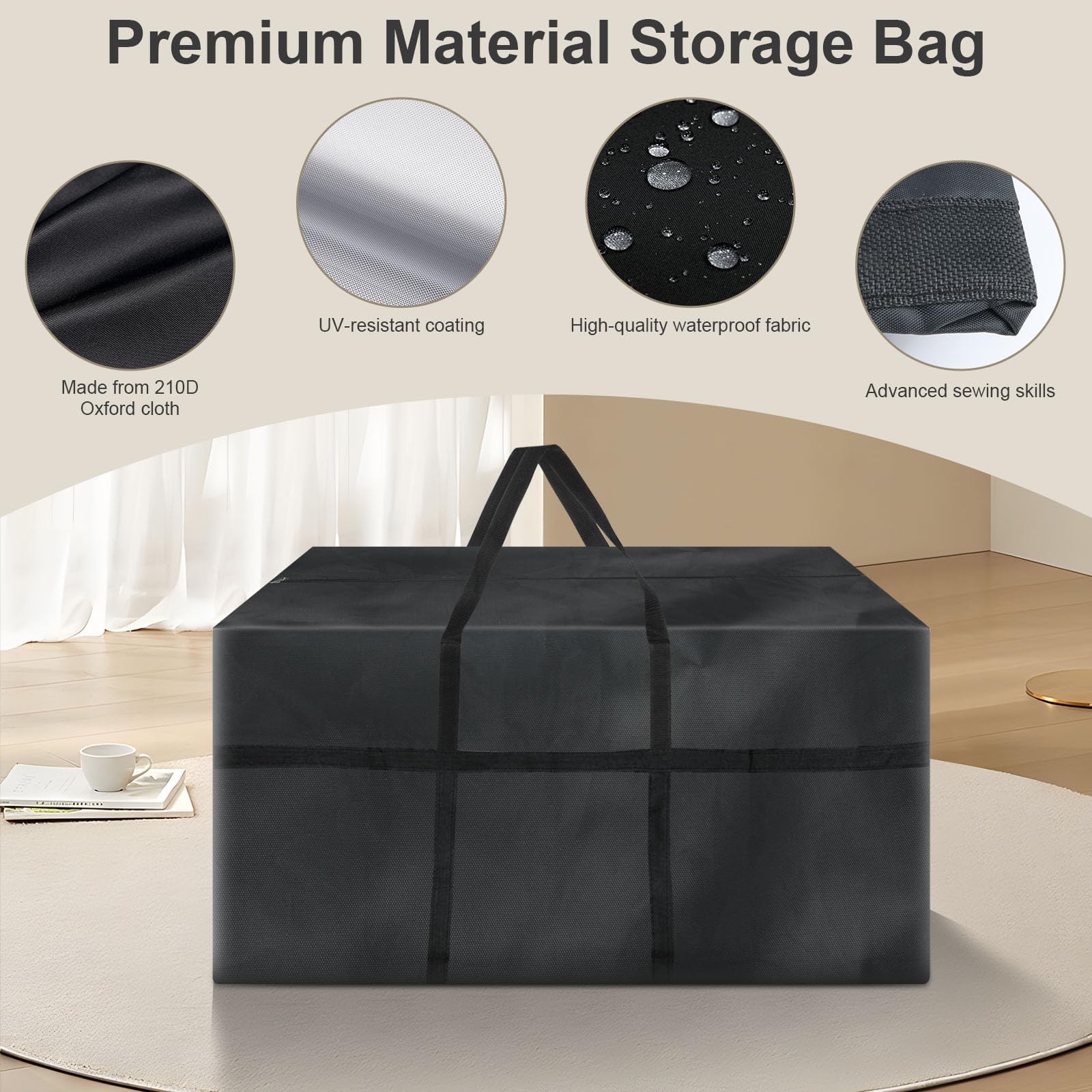 Sac de Rangement 110x60x35cm, Housse Coussin Exterieur, Imperméable Sac de Rangement pour Jardin, Terrasse, Meubles (Noir)