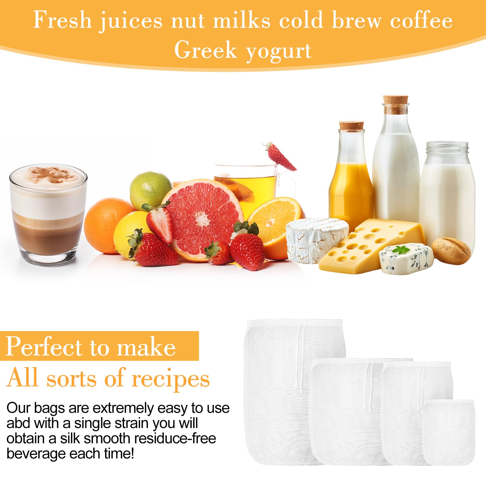 4 Stück Passiertuch Nussmilchbeutel, Wiederverwendbar Passiertücher Abseihtuch Mulltuch Küche Filterbeutel Cheese Cloth Mit Kordelzug Baumwolle Nussbeutel Für Käse Fruchtsaft Joghurt (Nylon, 4 Größen)