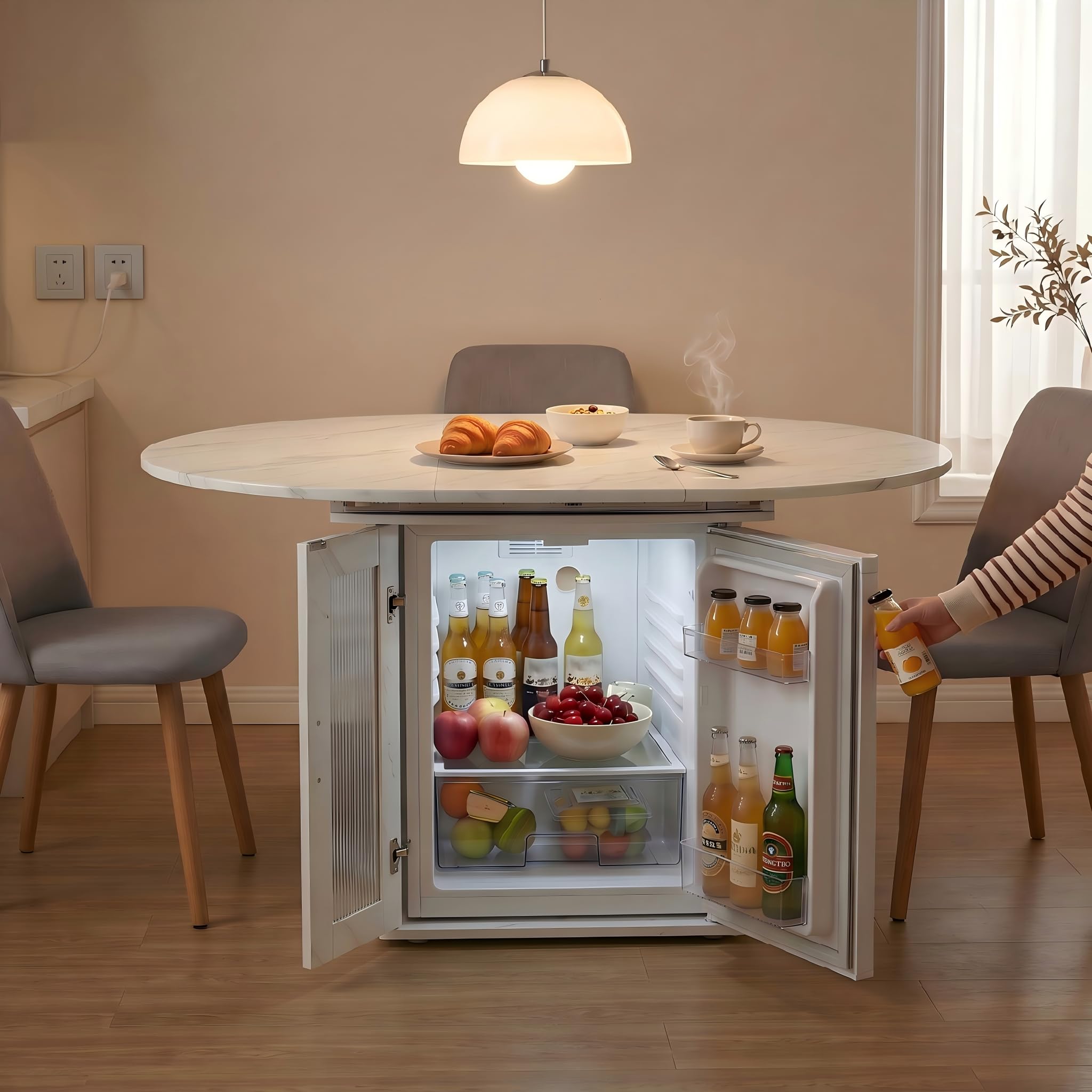 Tavolo da pranzo allungabile rotondo, 100-140 cm, tavolo da cucina con ripiani rimovibili, tavolo da pranzo rotondo ovale con vano portaoggetti, tavolo bianco per un piccolo frigorifero