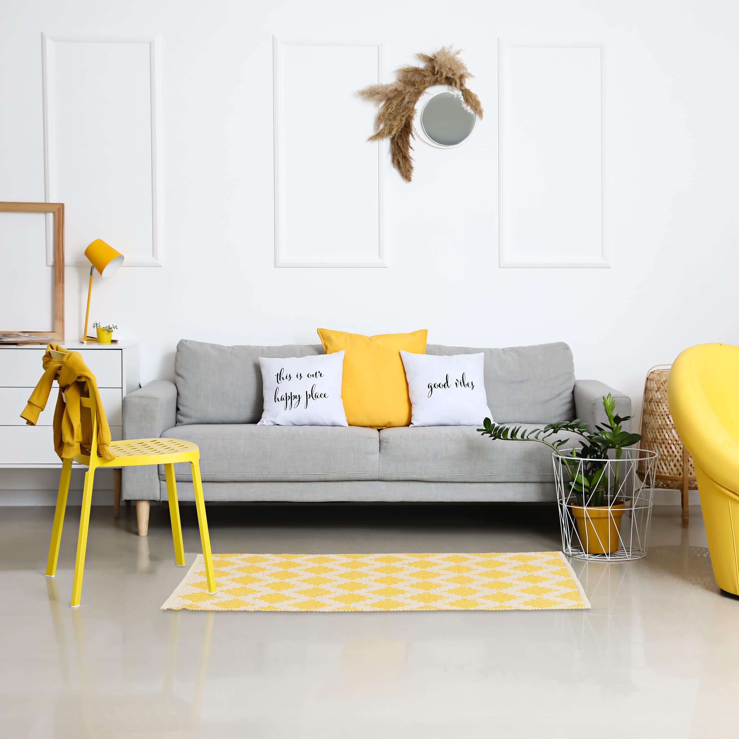 Relaxdays Tappeto in Cotone, 70 x 140 cm, Passatoia Antiscivolo per Corridoio e Cucina, Motivo a Rombi, Beige Giallo
