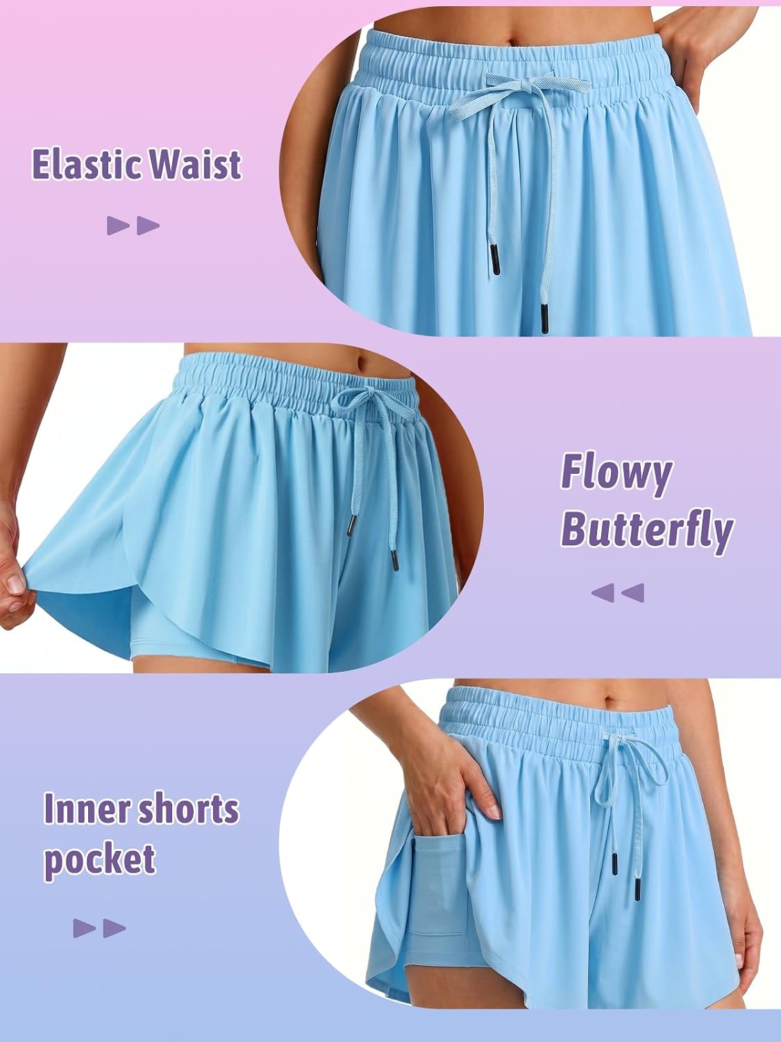 Girls Flowy Shorts High Waisted 2-in-1 Butterfly Shorts with Pocket