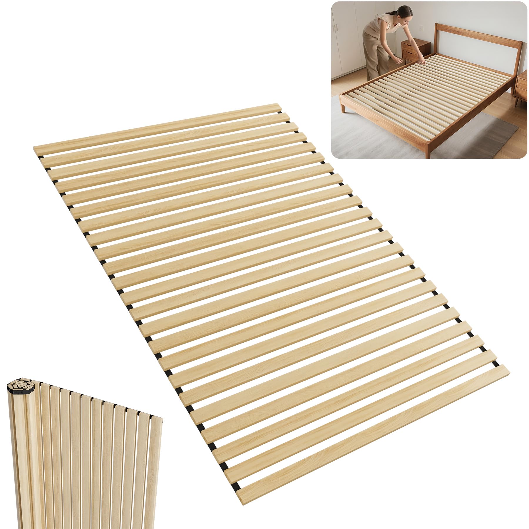 Froadp Premium Lattenrost 23 Leisten aus massivem Fichtenholz 140 x 200 cm, Rolllattenrost, Rollrost für alle Matratzentypen, 300 kg Tragkraft, inklusive schwarzem Gummiband