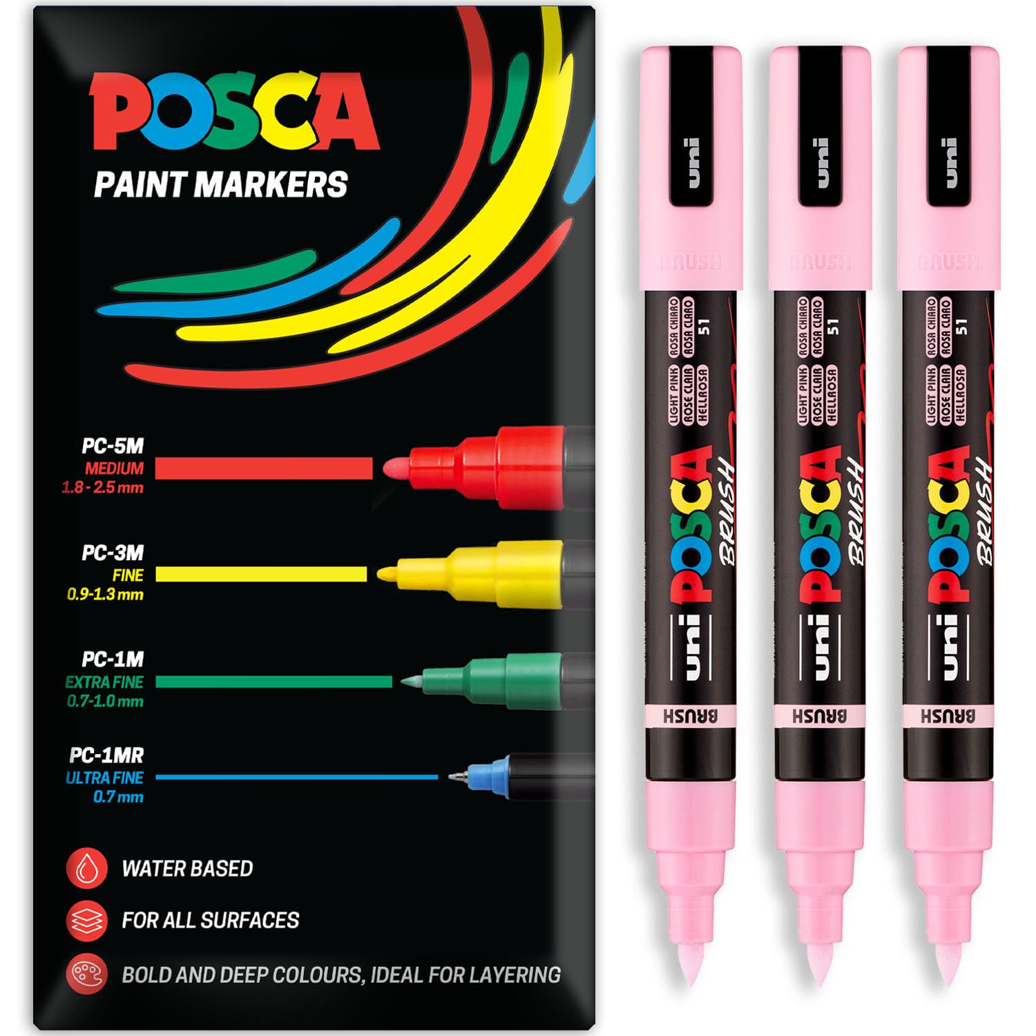 Posca Water Based Acrylic Paint Marker Pens | Multi Surface Use Permanent Paint Pen | Pack of 3 Pens in Envelope Gift Packaging | Glass, Fabric, Wood etc | Brush Nib PC-5BR, Light Pink