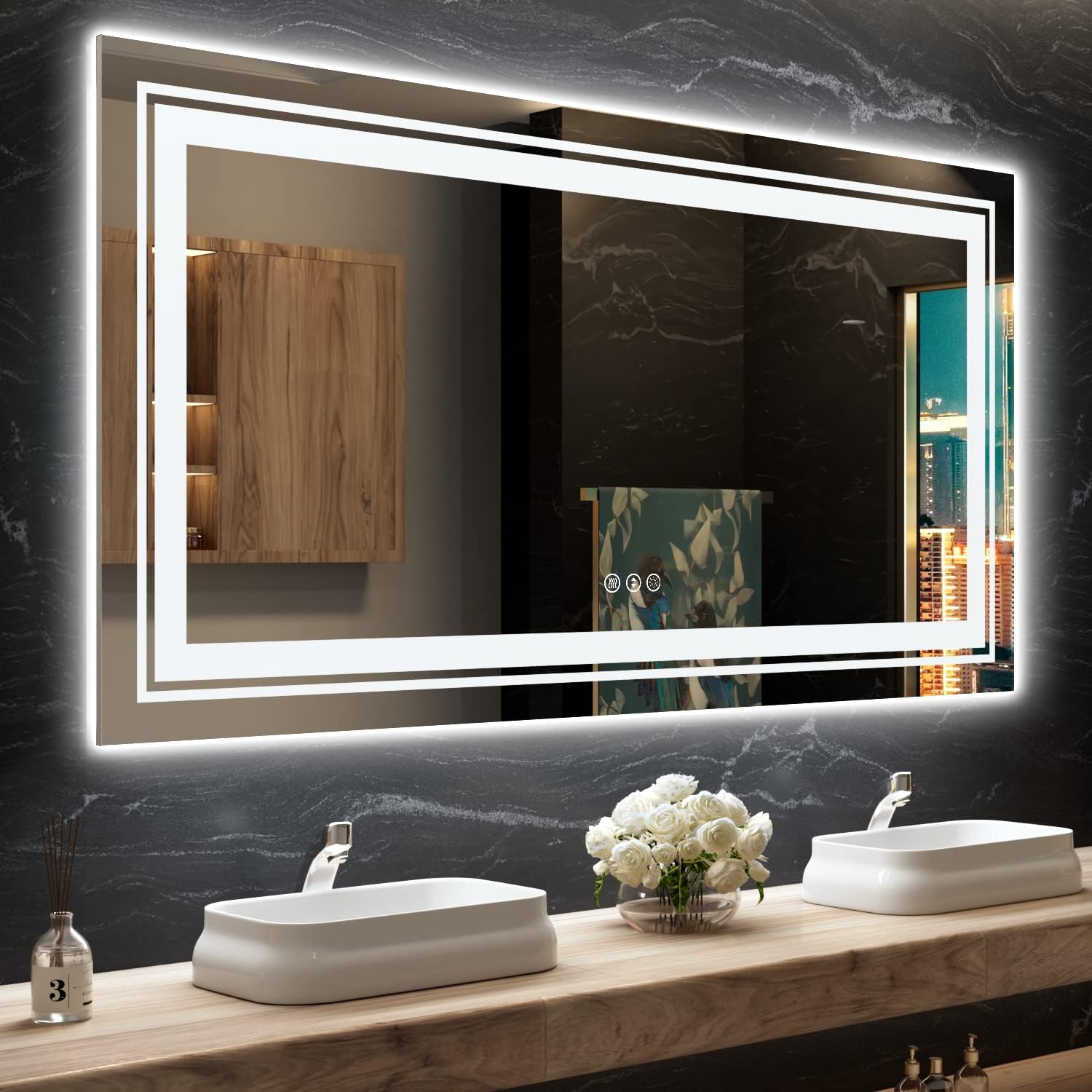 LED Bathroom Mirror, 72"X36" with Front and Backlit, Anti-Fog, Large Bathroom Vanity Mirror for Wall, Memory Function, Stepless Dimmable, Tempered Glass (Horizontal/Vertical) 3 Colors Lighting 72"L x 36"W