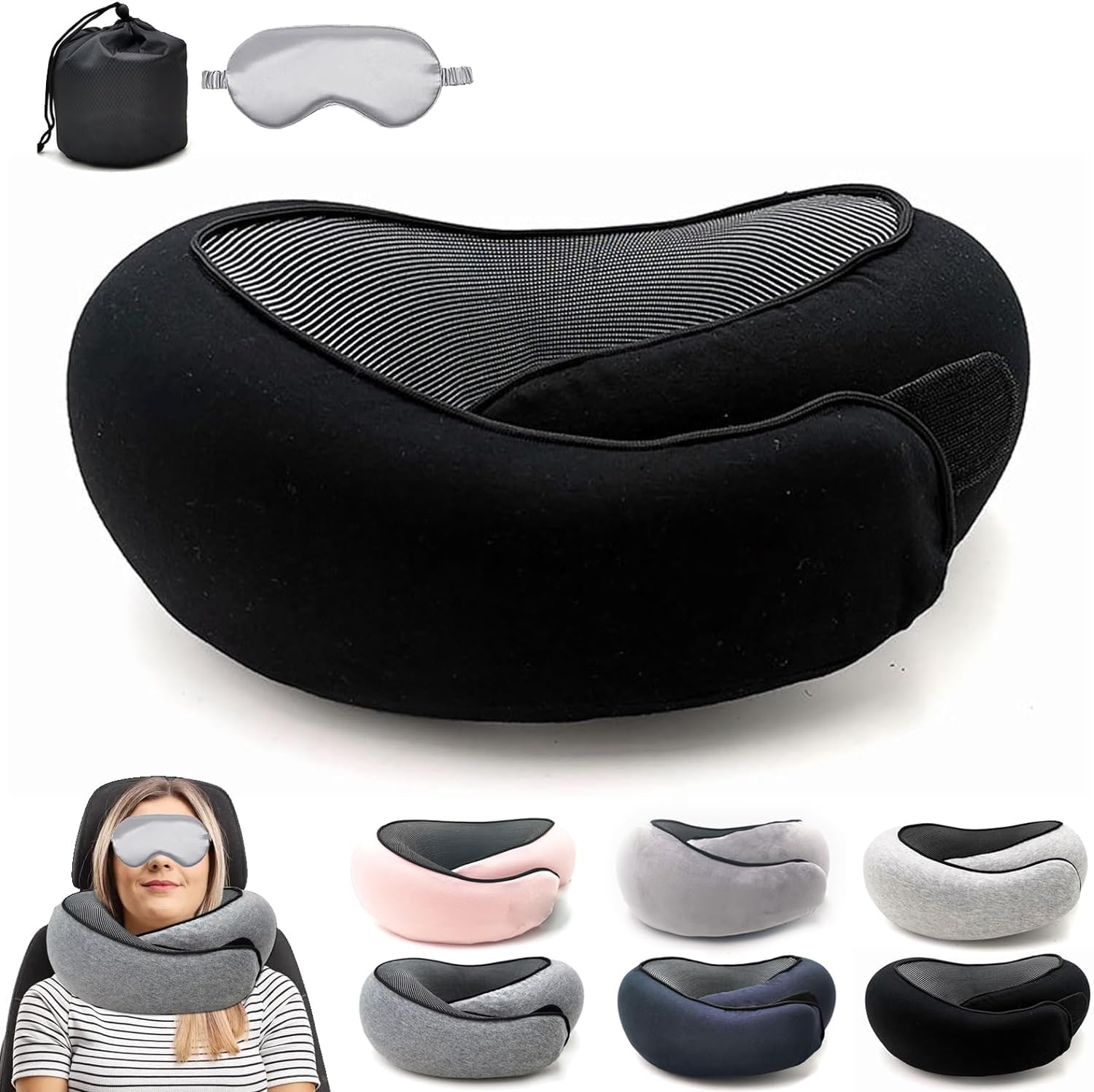HomodoskeyHomodoskey Flyhugz Neck Pillow Neck Pillow Wander Plus Travel Pillow, Memory Foam Travel Pillow, Flyhugz Stowable U-Shaped Pillow for Airplanes, Car, Office (Black)