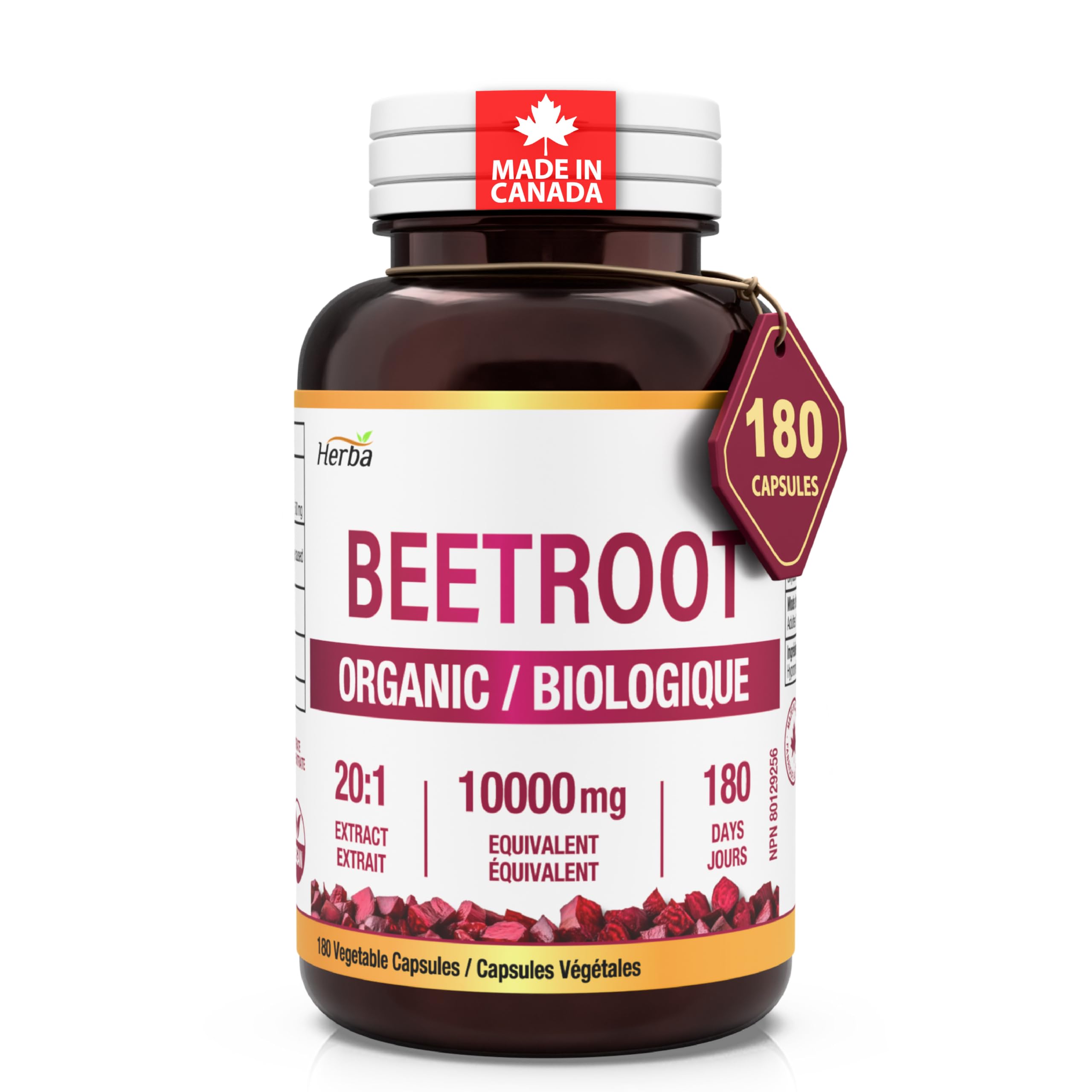 Herba 10,000mg Organic Beet Root Supplement – 180 Capsules | 20:1 Beet Root Powder in Capsule | Nitric Oxide Supplements for Men & Women | Made in Canada