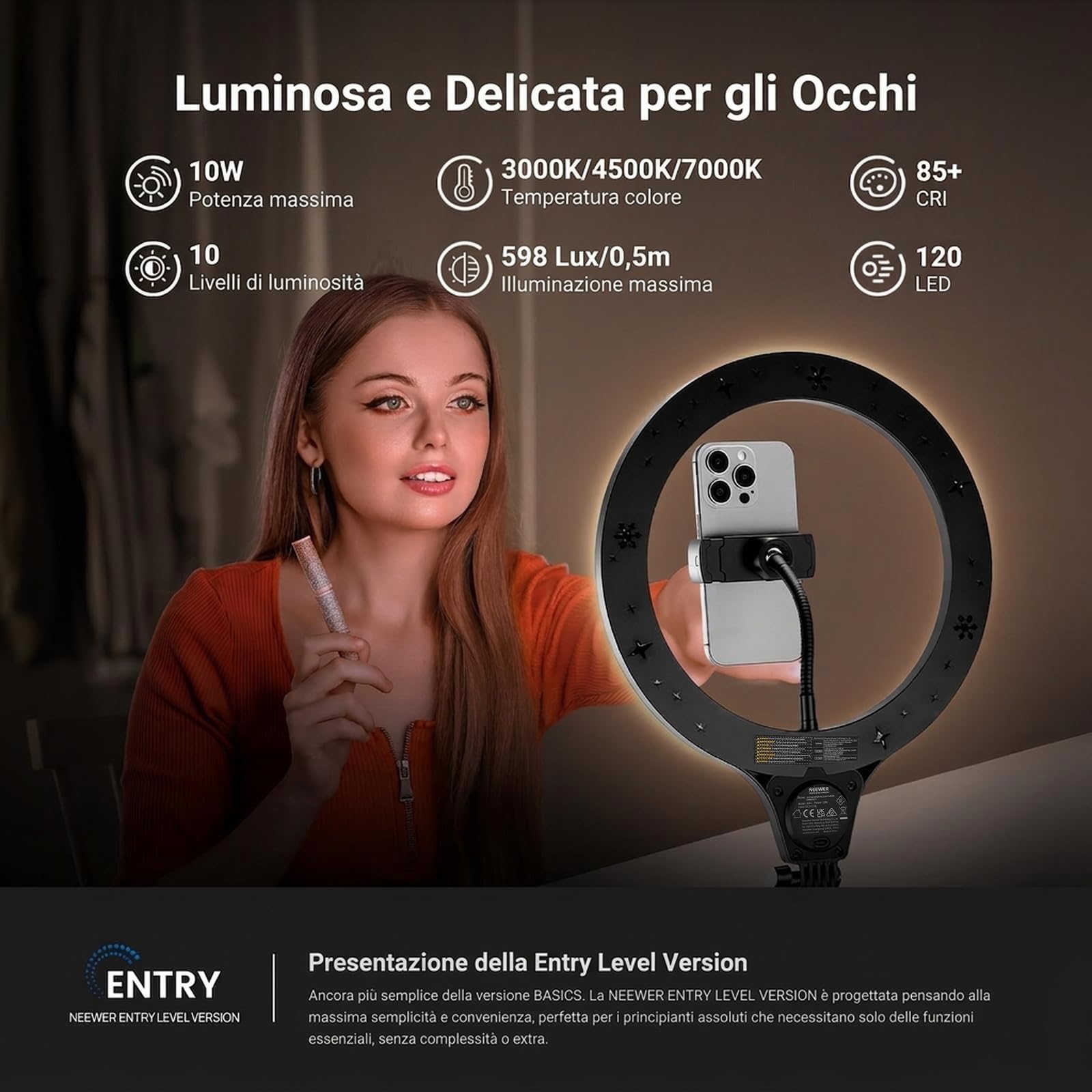 NEEWER ENTRY LEVEL VERSION 10" 10W Luce ad Anello con 46"-63" Supporto, N44 | Overhead Telefono Supporto, Supporto Compatibile con iPhone