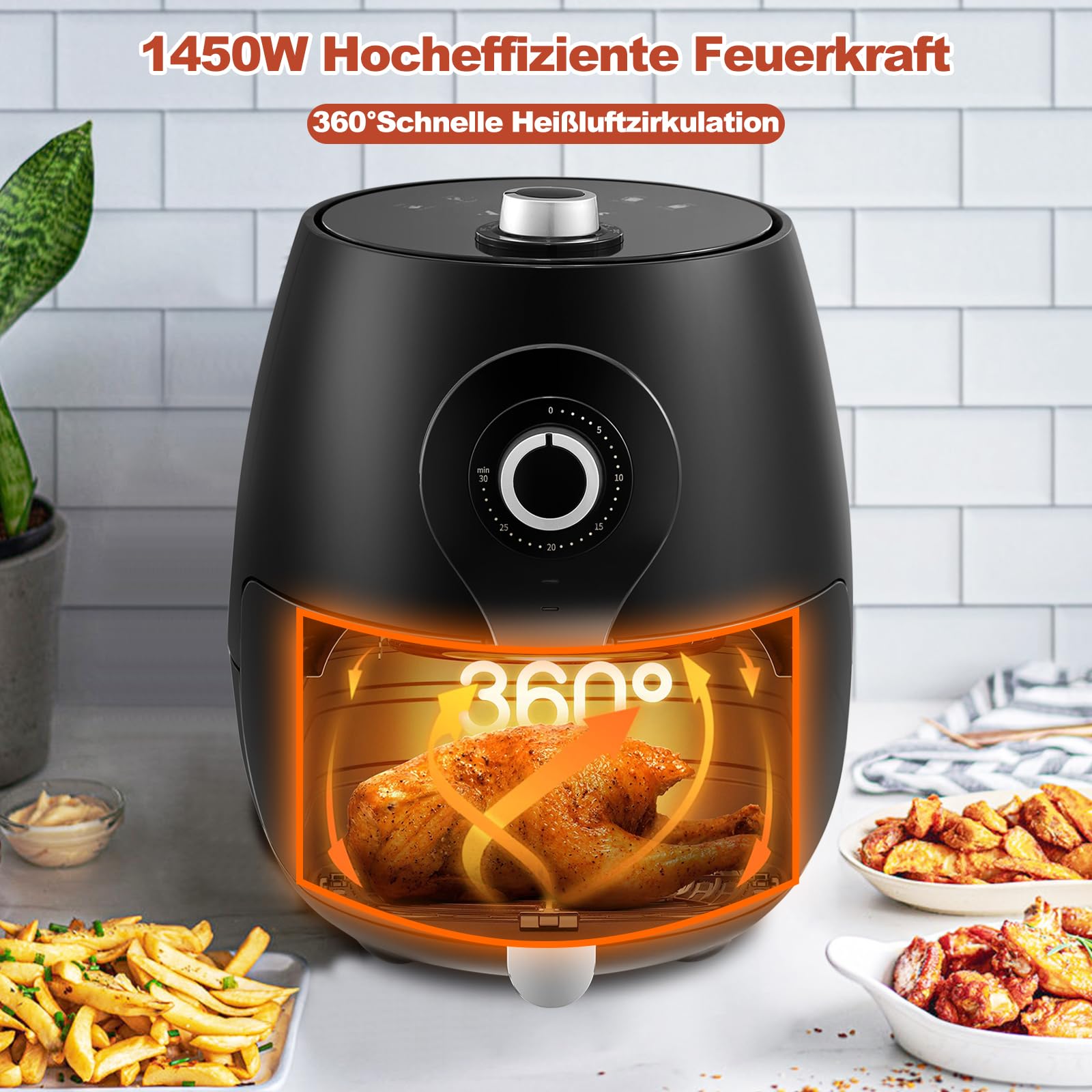 TUKAILAi Family Size Air Fryer con circulación de aire rápida, 5 litros, 1450 W, temporizador de 30 minutos y control de temperatura totalmente ajustable para una cocción saludable sin grasa y sin