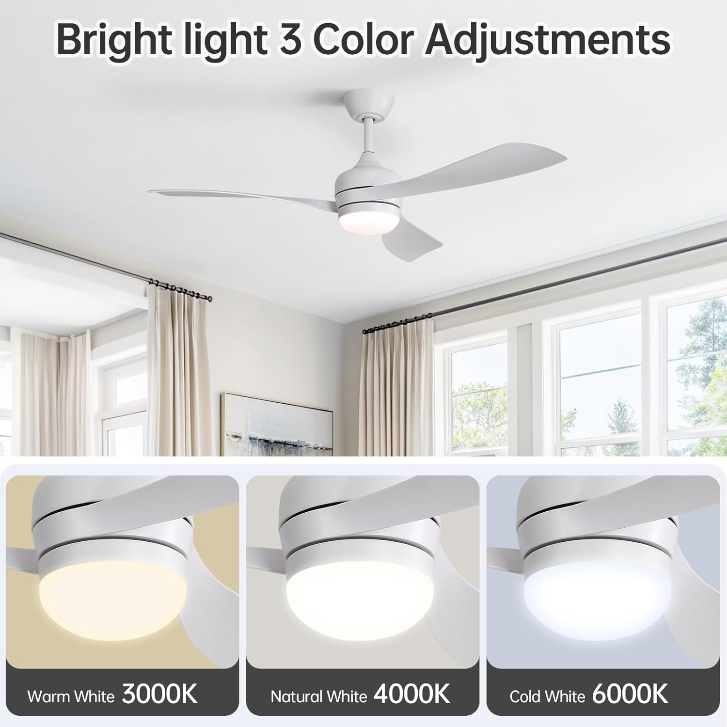 52-Inch Ceiling Fan with 3 ABS Blades,Remote Control,Reversible DC Motor,Noiseless&Effective,3 Downrods(5/10/24-Inch) Available,LED Dimmable,All White