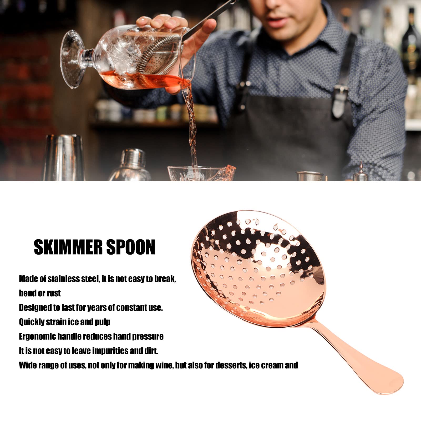 Julep Strainer, Stainless Steel Cocktail Strainer Julep Strainer Large Bar Strainer Cocktail Strainer Spoon for Cocktail Drinks(Rose Gold)