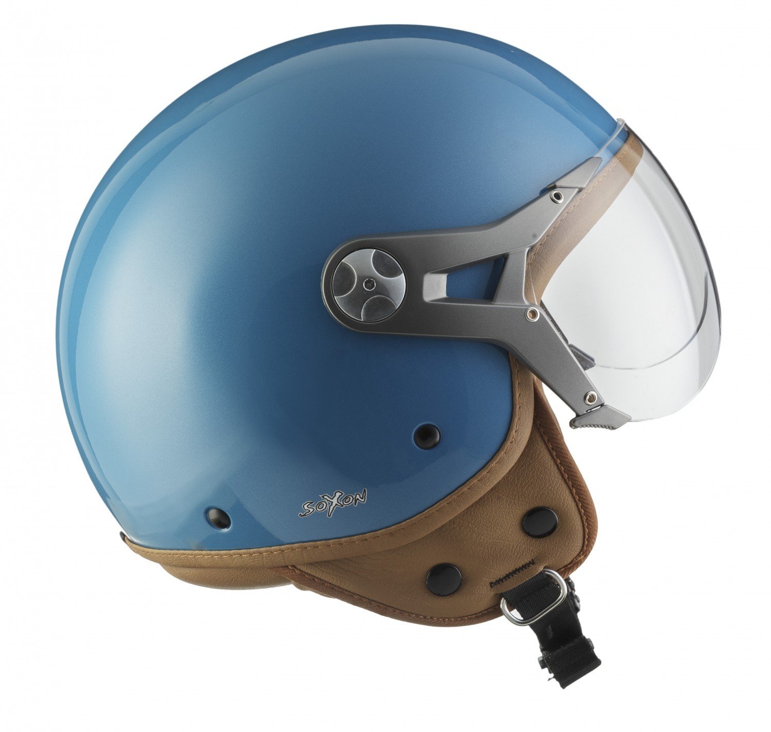 SOXON® SP-325 Mono „Crystal Blue“ · Jet-Helm · Motorrad-Helm Roller-Helm Scooter-Helm Moped Mofa-Helm Chopper Retro Vespa Vintage Pilot Biker · ECE 22.05 Visier Schnellverschluss Tasche S (55-56cm)