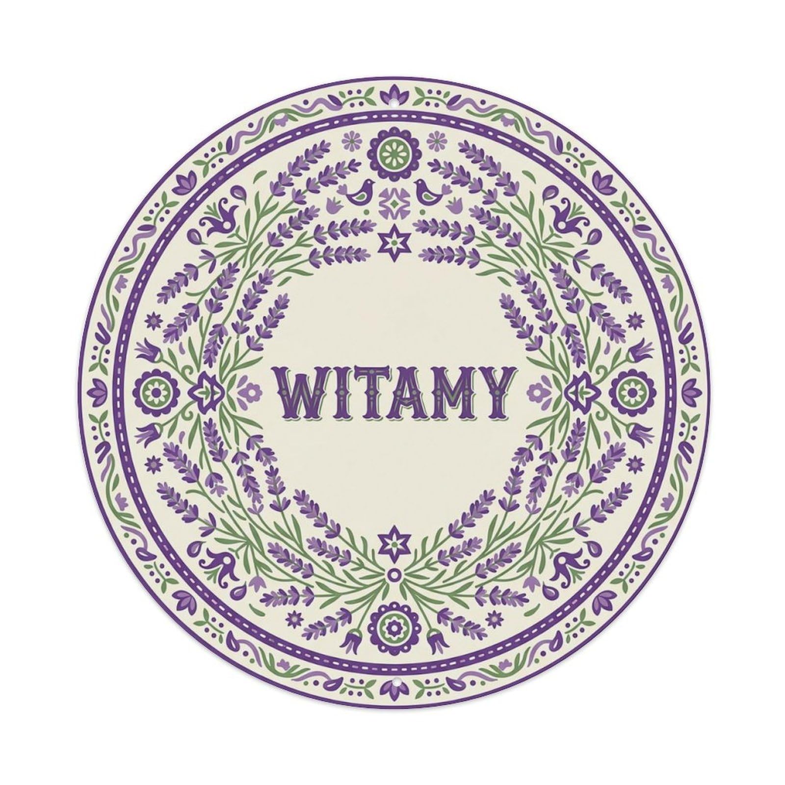 Vintage Polish Folk Art Witamy Welcome Lavender Wreath Metal Tin Sign