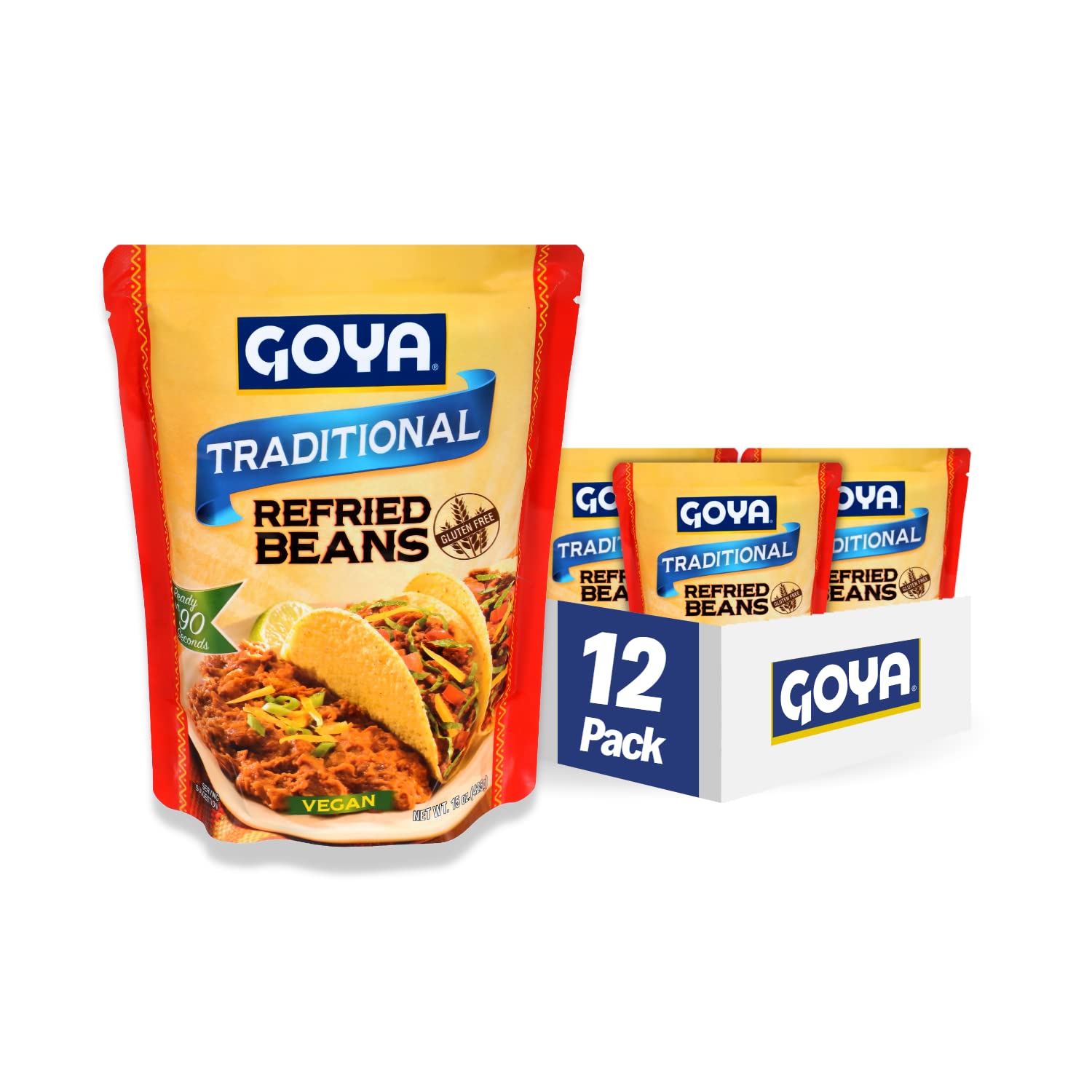 Goya Traditional Refried Pinto Beans, 15oz Easy-Open Pouches (Pack of 12) - Gluten-Free, Vegan, Authentic Mexican Flavor