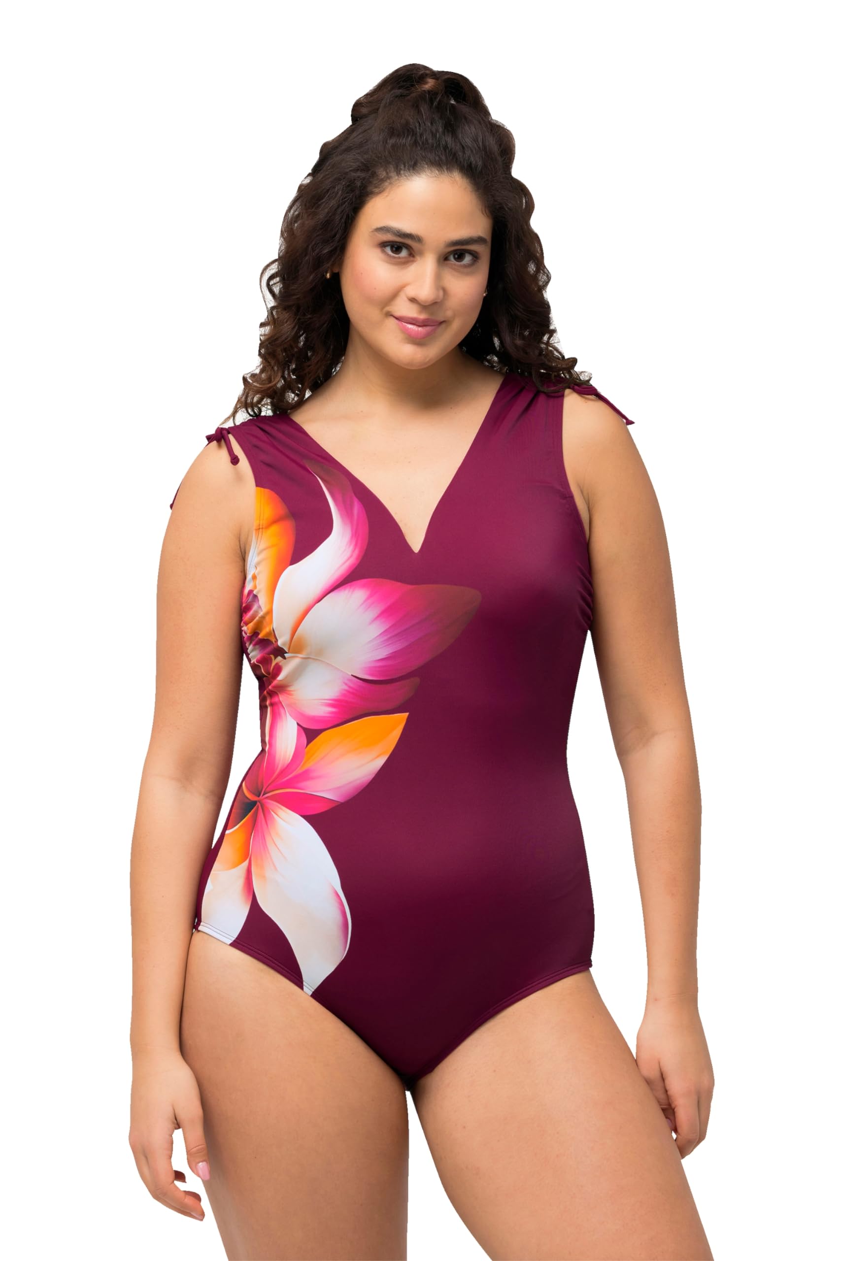 Ulla Popken, Ladies Plus Size Petra Ruffled Shoulder Blossom Swimsuit, red, 26