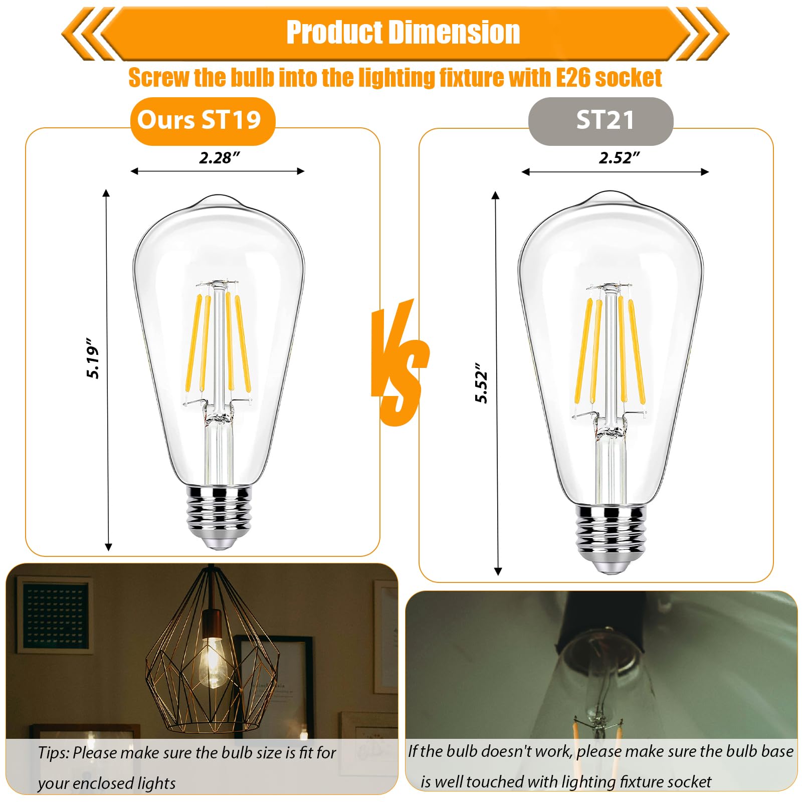 12 Pack LED Edison Bulbs 40 Watt Equivalent 4 Watt LED Filament Bulb 3000K ST19 Warm White Light — view 3