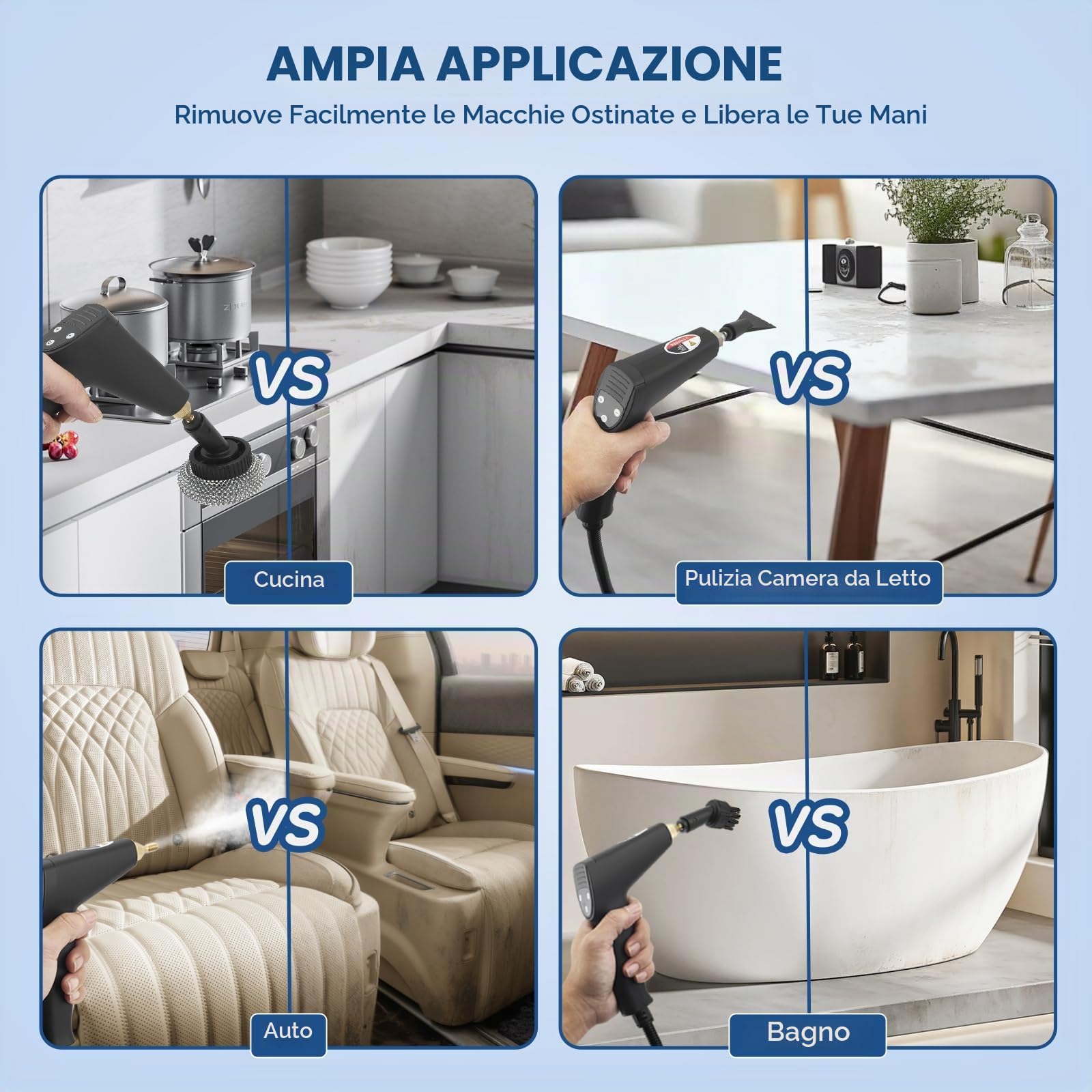 Pulitore a Vapore, 2500W Pulitore a Vapore Alta Pressione Portatile con Serbatoio 1700ml, Tempo Riscaldamento 15 Secondi, 6 Livelli Vapore per Cucina, Bagno, Divano, Auto, Pavimenti
