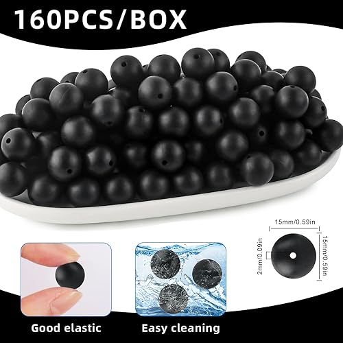 Vista 2 de CZWZ 160 cuentas de silicona negra, 0.59 pulgadas, cilíndricas, sueltas para hacer llaveros, bolígrafos, collares, joyas, pulseras, manualidades