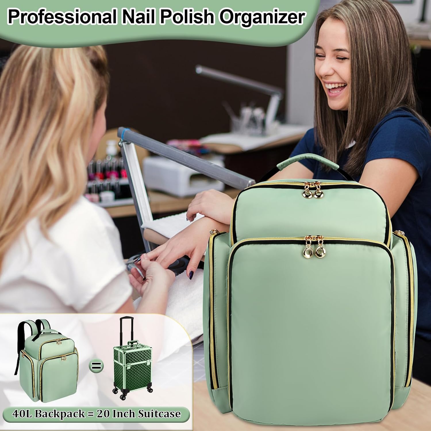 Nail Polish Organizer Backpack Holds 126 Bottles& Nail Lamp, Extra Large Nail Kit Supplies Organizer Bag with 3 Removable Cases, Portable Nail Organizers and Storage for Travel (Green)
